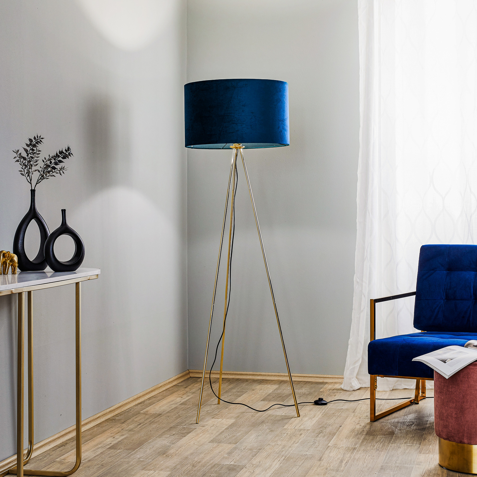 Monaco floor lamp, triple gold, blue velvet