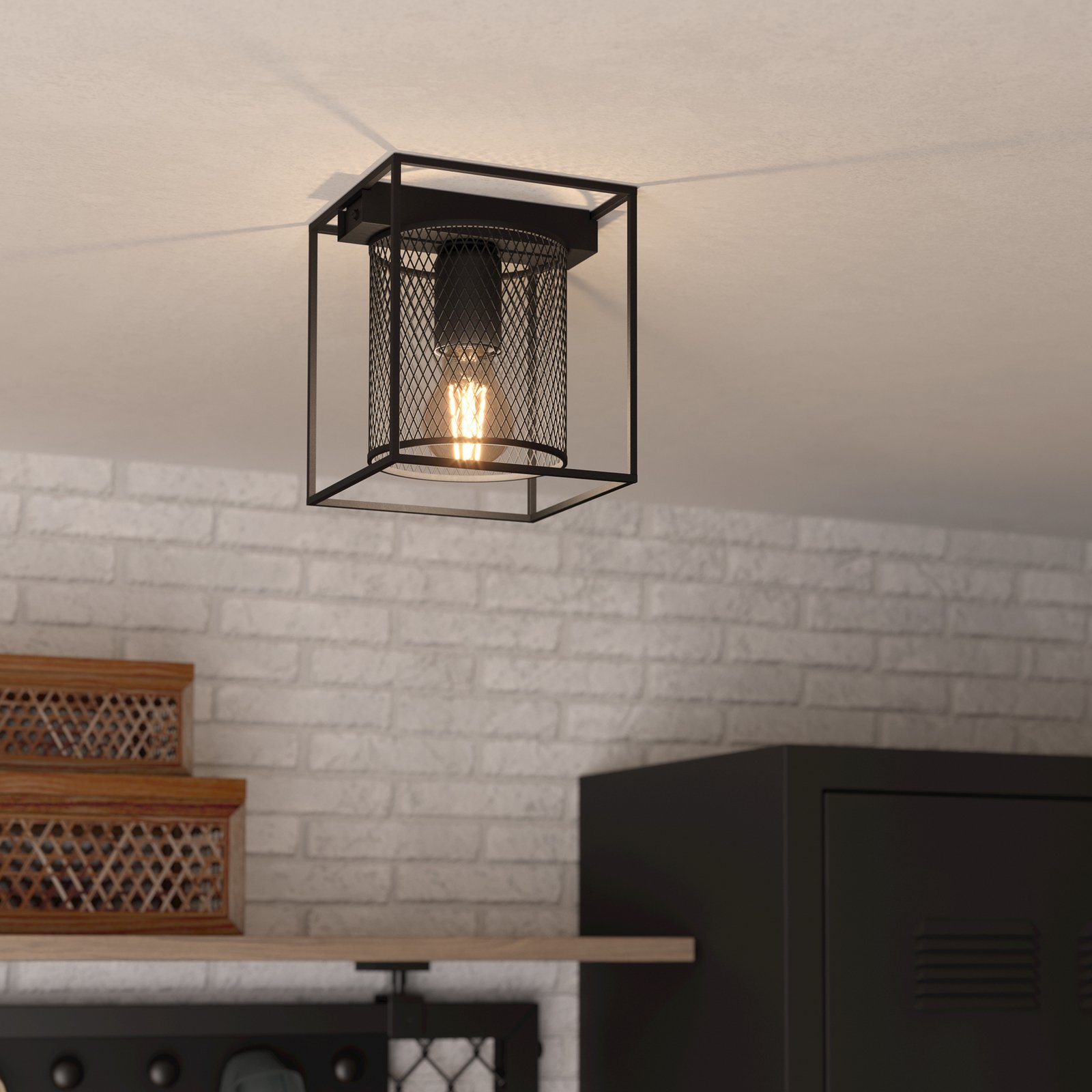 Lampa sufitowa Catterick, czarna, klatkowy klosz