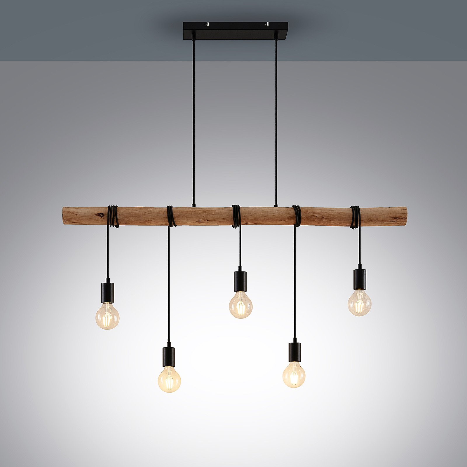 Lindby suspension Rome, 5 lampes, bois, corde, noir, E27