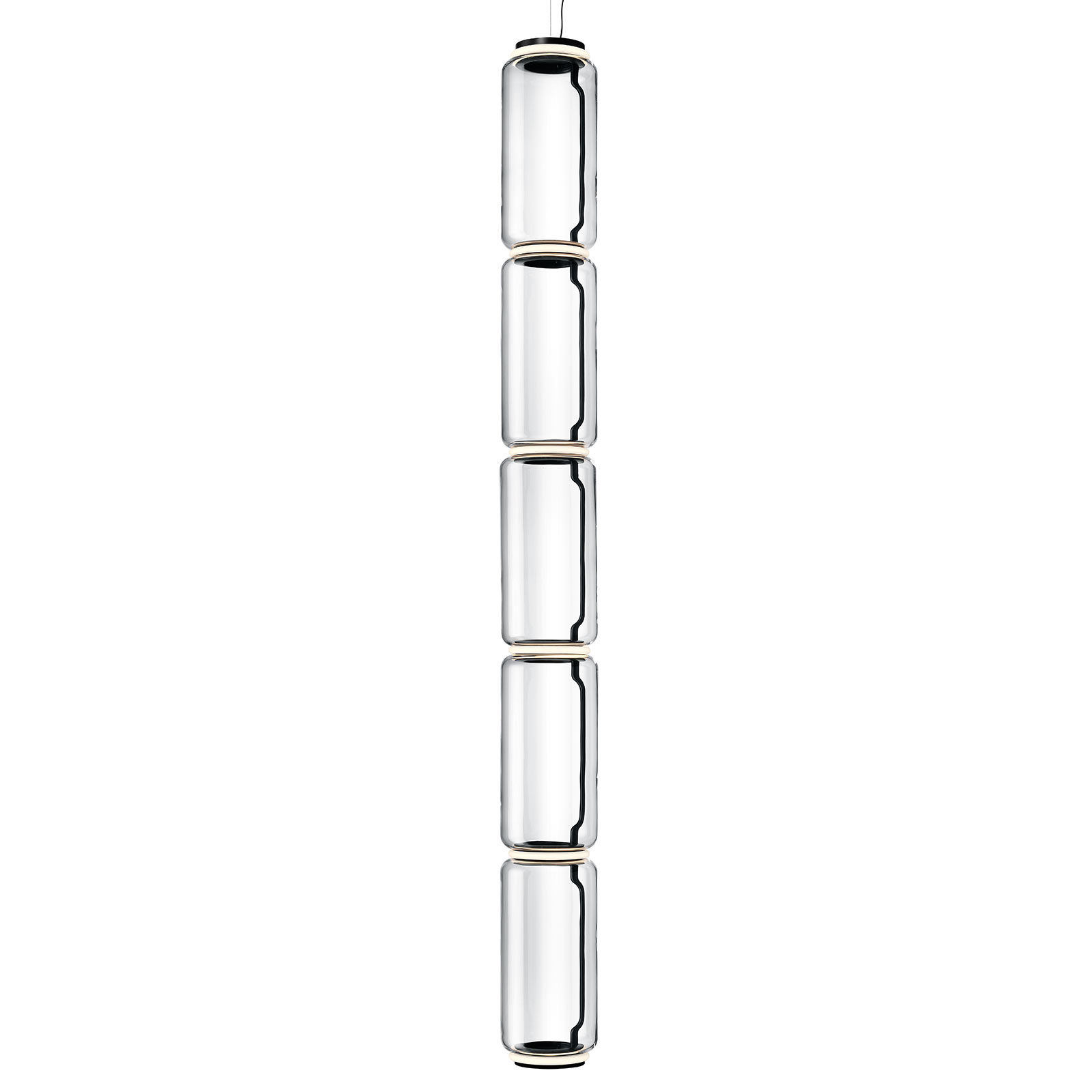 Flos FLOS Noctambule LED hanging lamp 5 high cylinders, for Living / Dining Room, glass, aluminium, 54 W, energy efficiency: A+, H: 269 cm