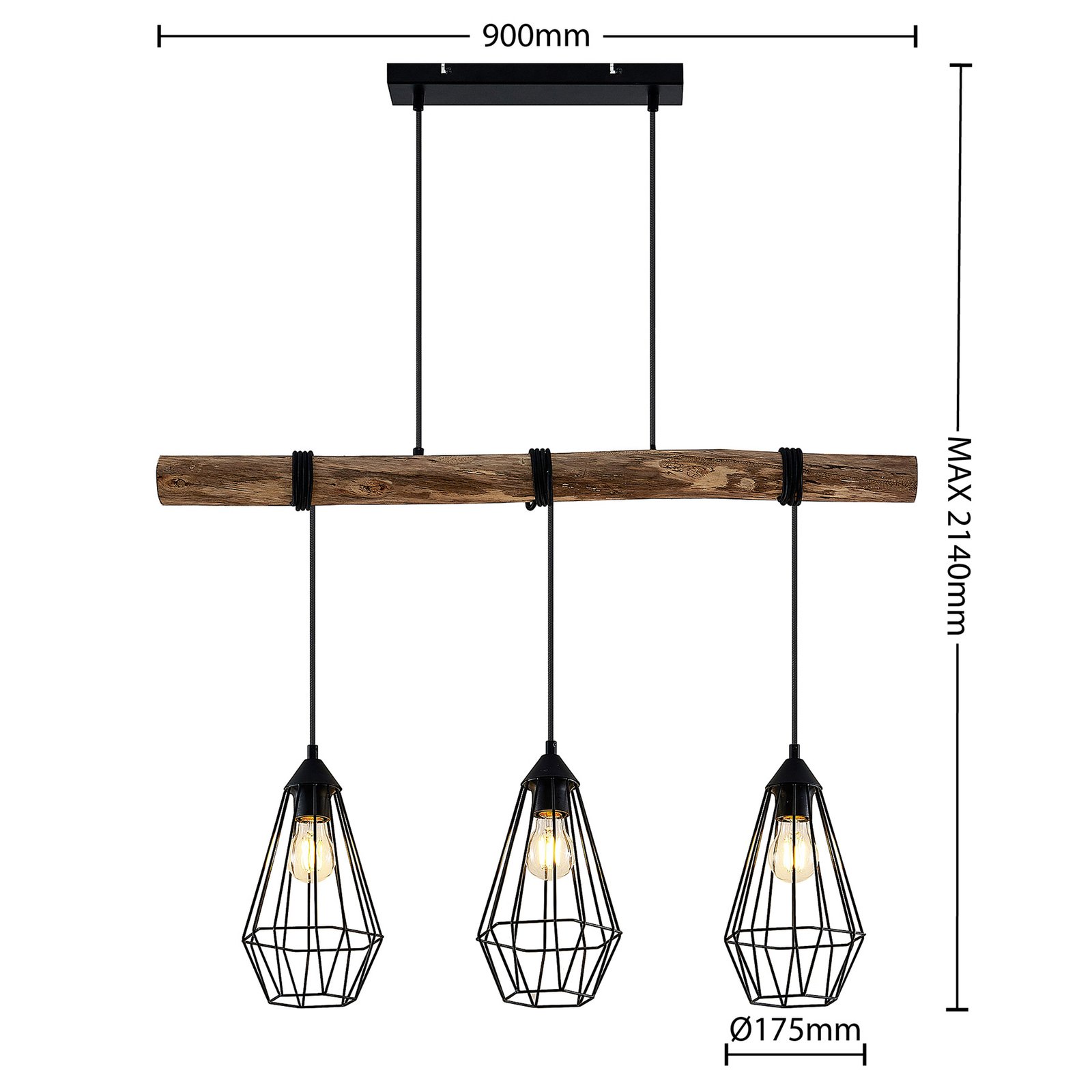 Eldarion 3 Závěsné Světlo Black/Wood - Lindby