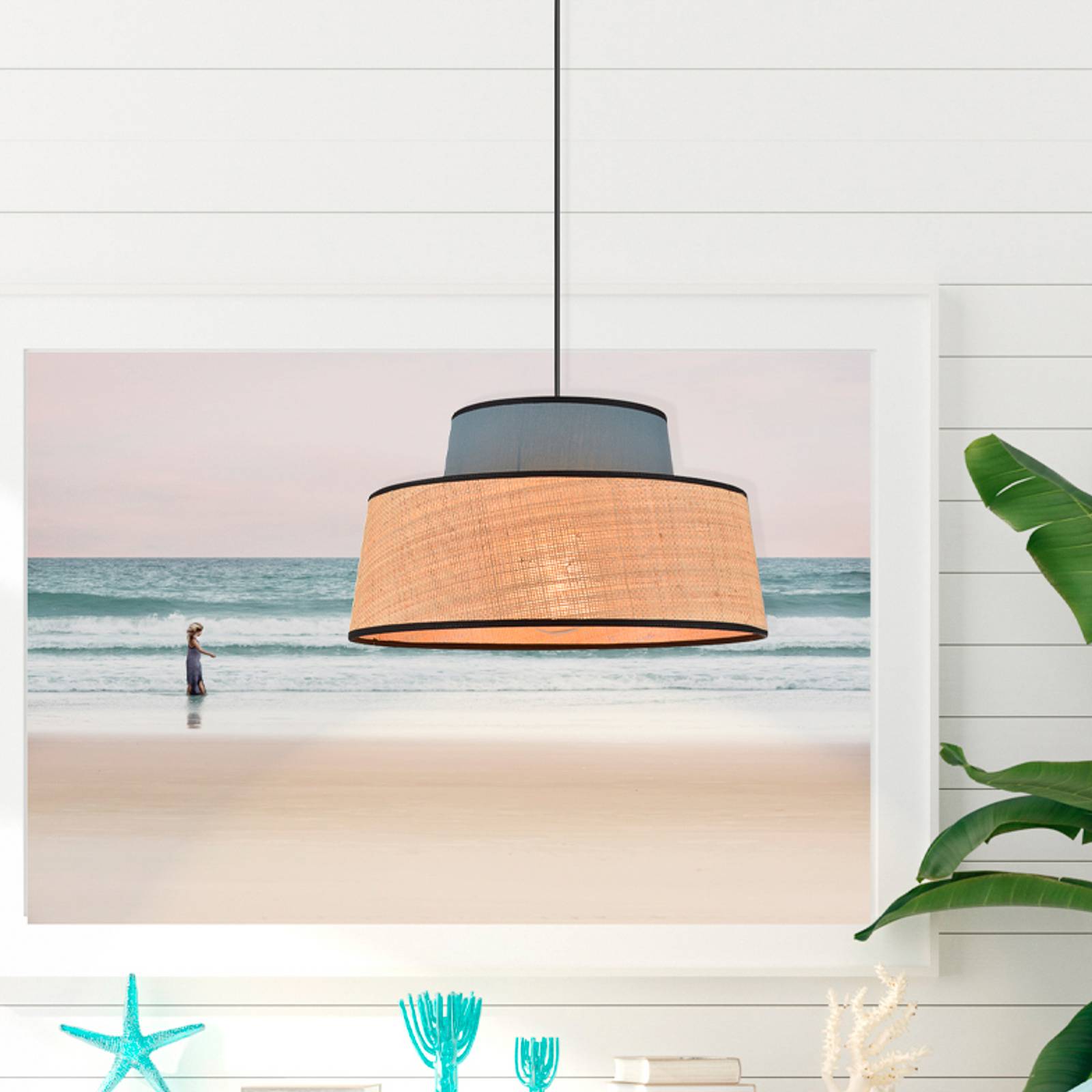 COREP Suspension Mallorca, bleu pétrole/couleur naturelle, Ø 38 cm, tissu/raphia