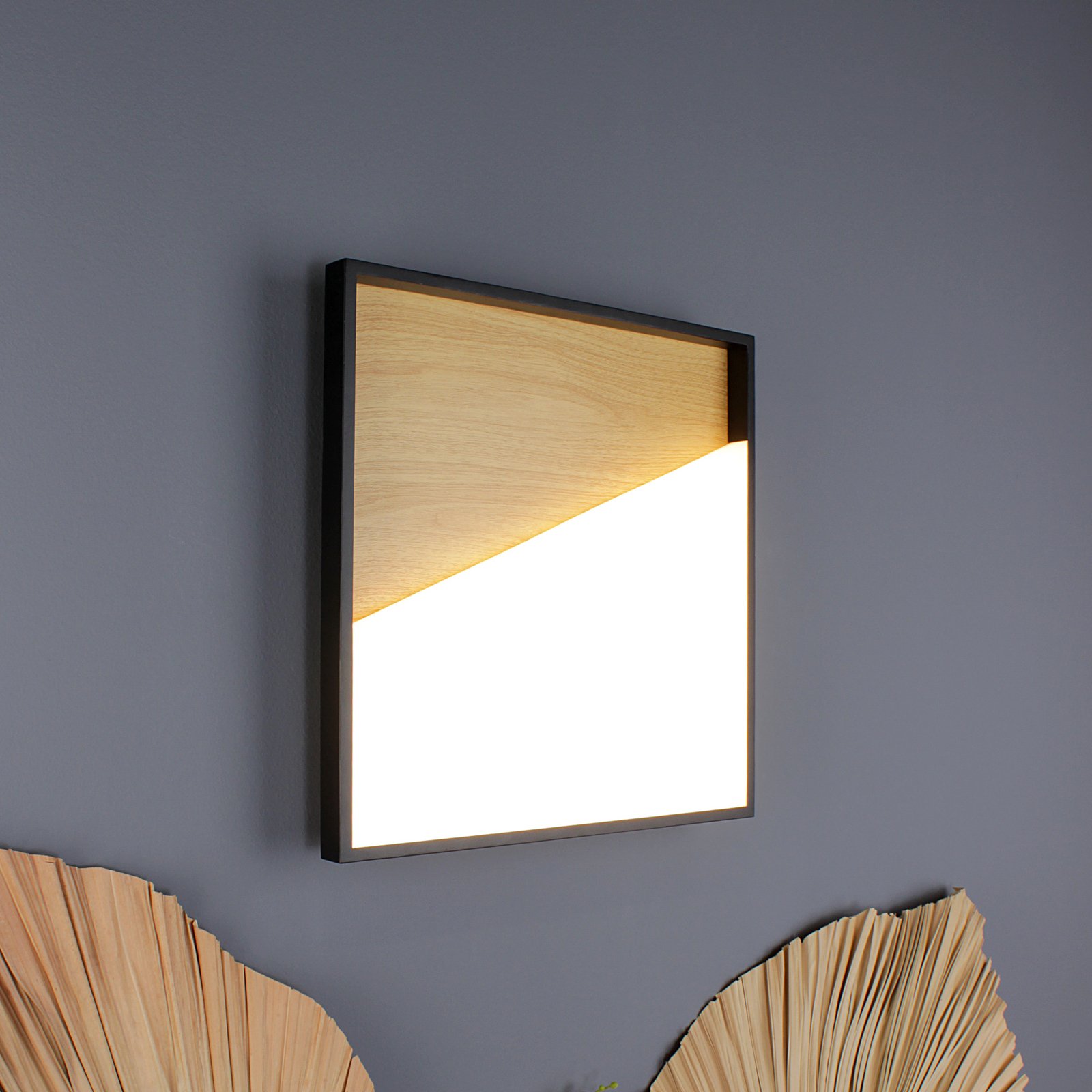 Aplique de pared LED Vista, madera clara/negro, 40 x 40 cm