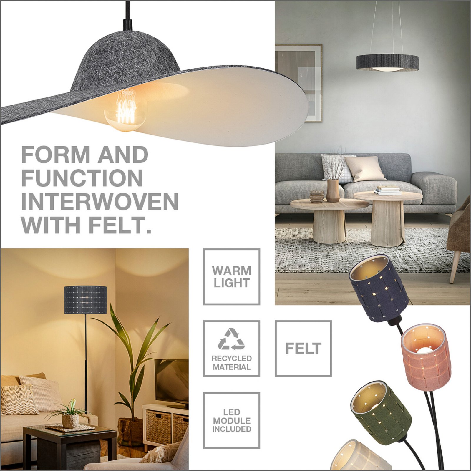 Suspension OSRAM Decor Felt Weaving, Ø 38 cm, gris, feutre E27