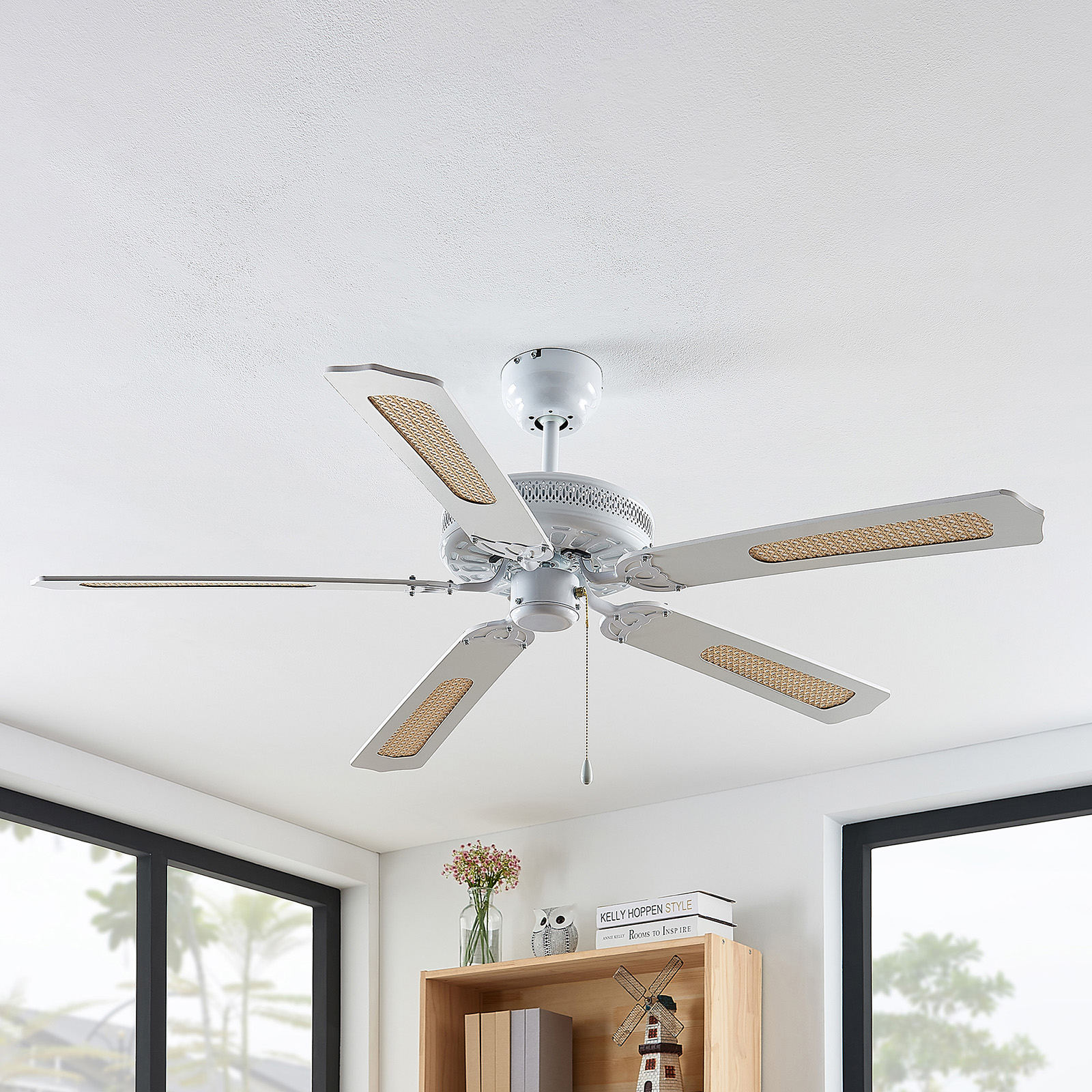 Lindby Ruhne ceiling fan, white, for Living / Dining Room, metal, MDF, H: 32 cm