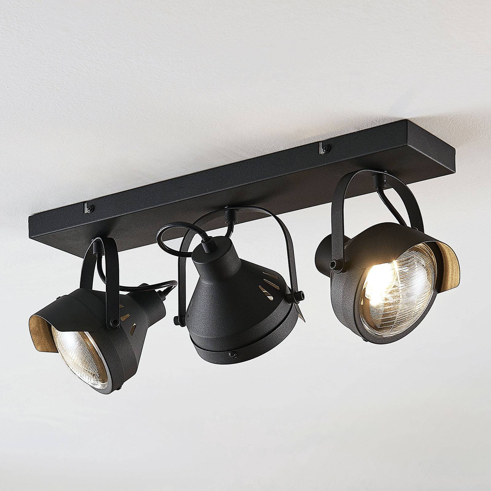 Lindby Spot sufitowy Henega, reflektor, czarny, 3-pkt. - lampa sufitowa - salon / jadalnia - czarna - metal - industrialny - ze ?ciemniaczem