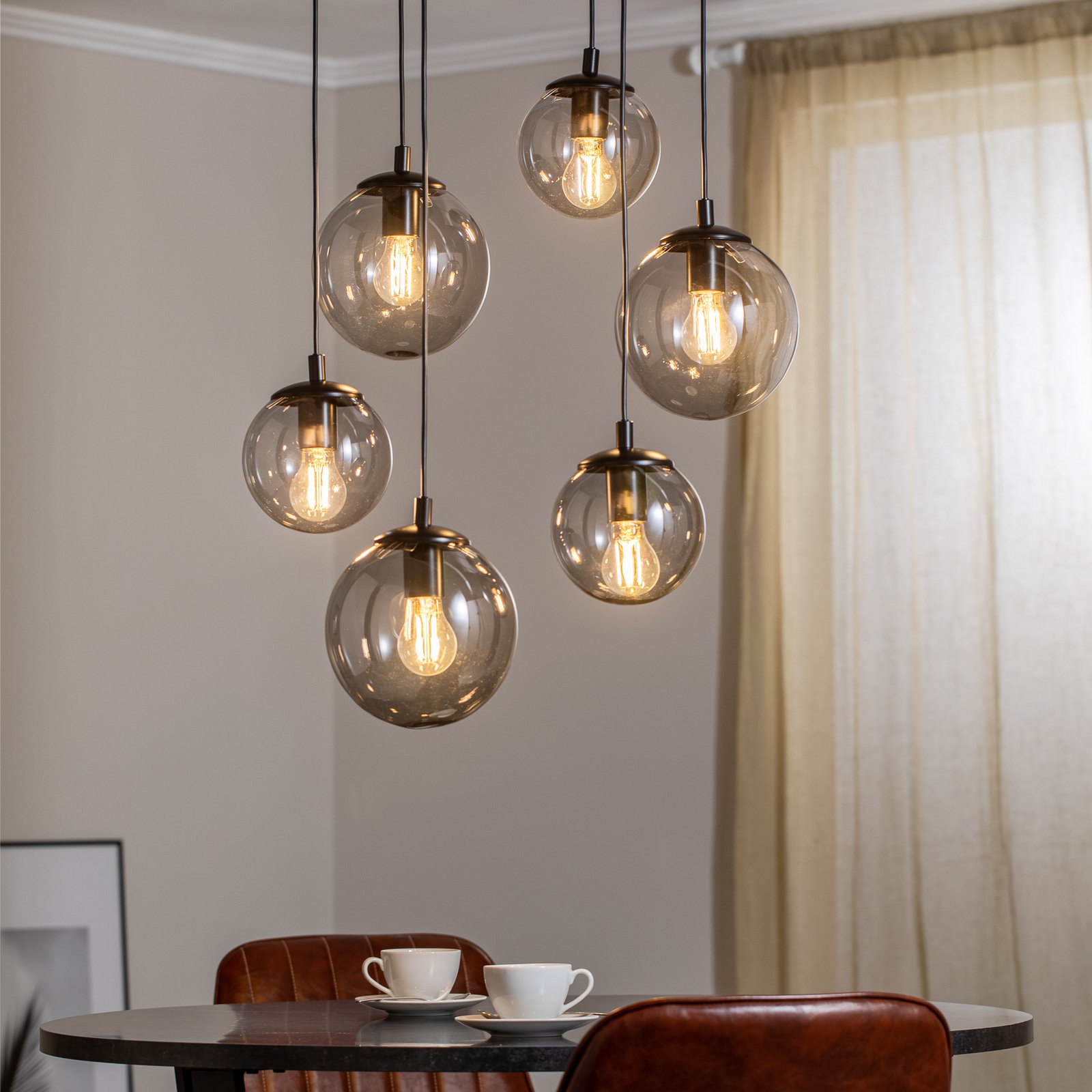 Suspension Smoky abat-jour verre, six lampes