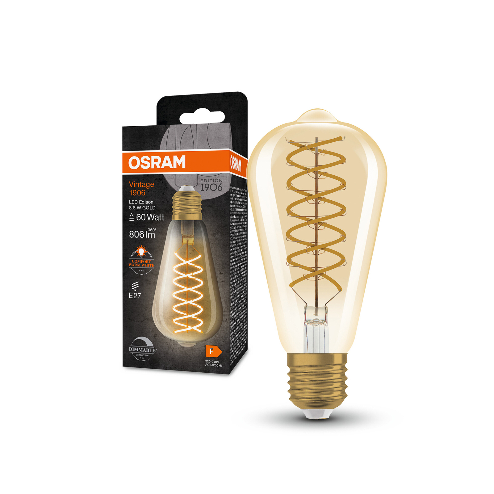 OSRAM LED Vintage 1906 Edison, guld, E27, 8,8 W, 824, dim.