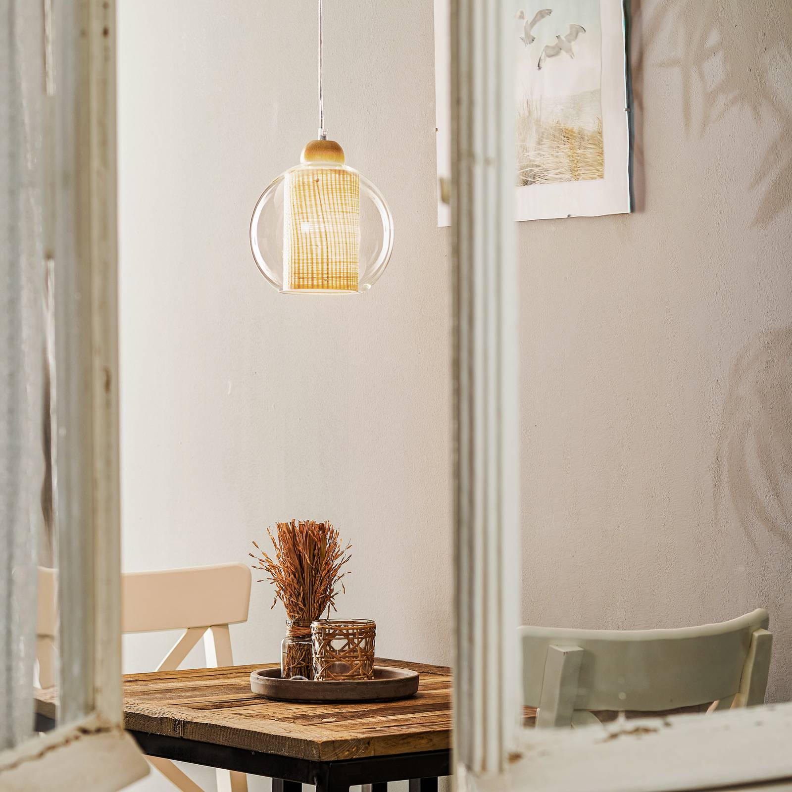 Euluna Hanglamp - Woon-/ Eetkamer - dimbaar - hout licht - metaal, hout, glas, rotan