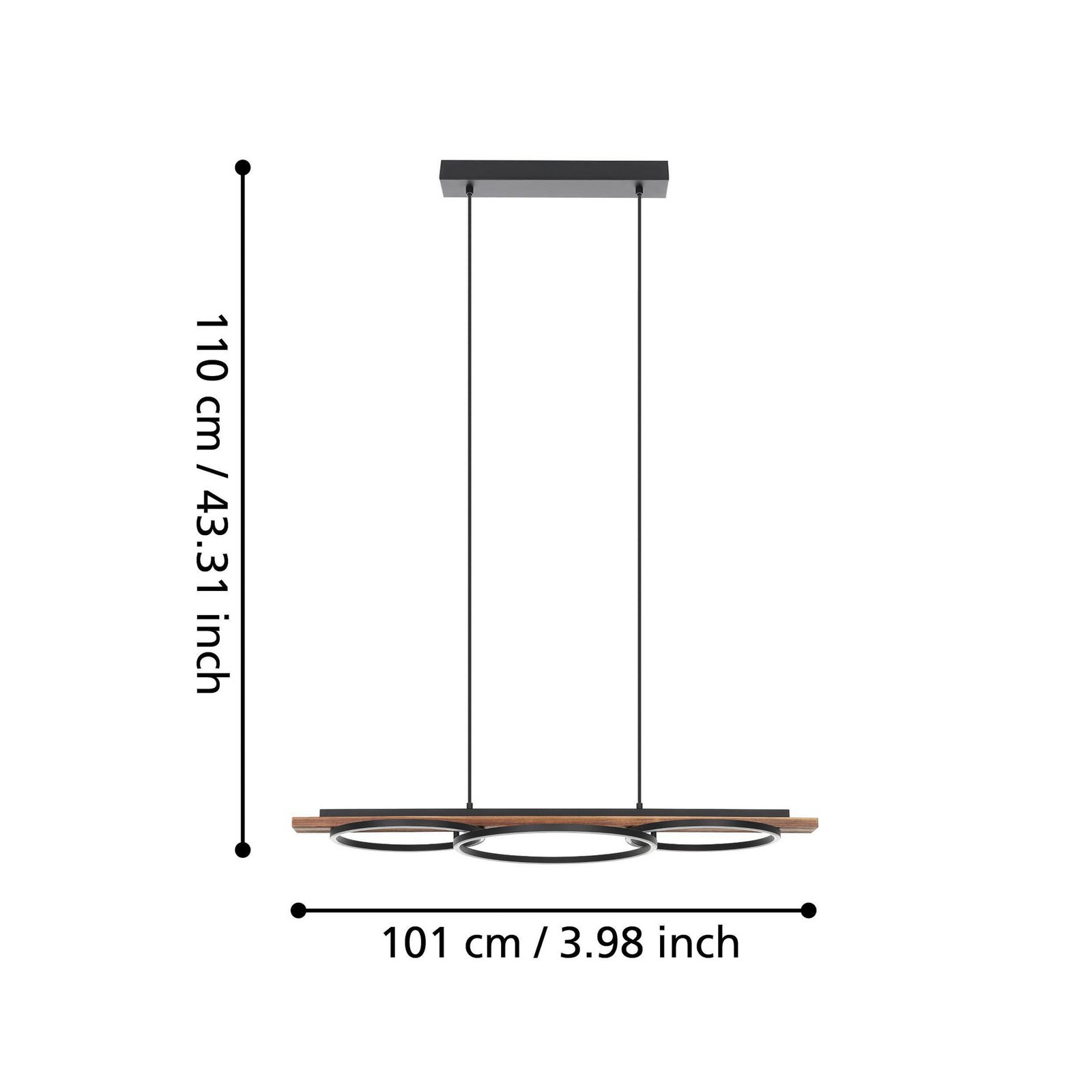 Lámpara colgante LED Boyal, marrón, longitud 101 cm, madera, 3 luces.