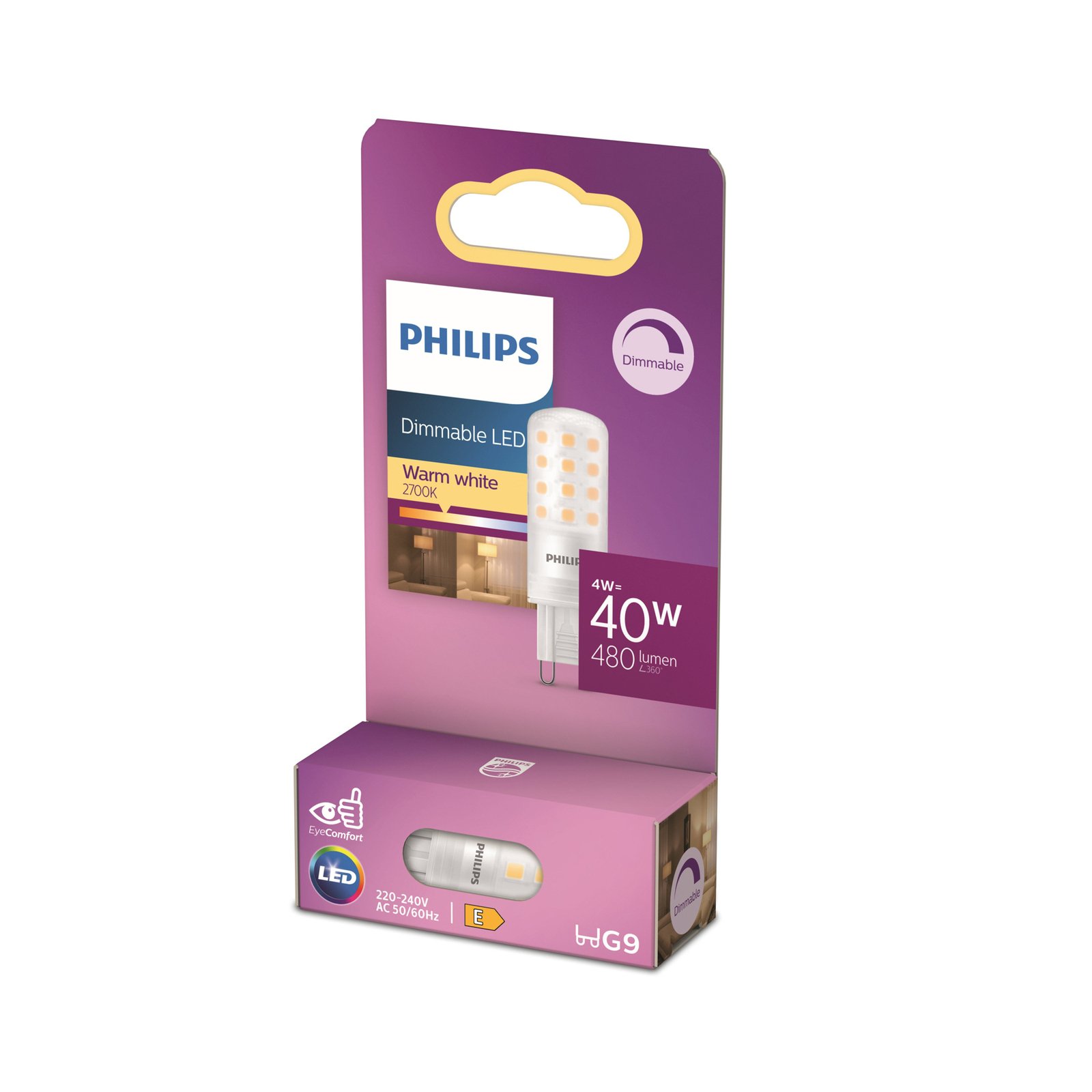 Philips LED-Stiftlampe, G9, 4W, matt, 480lm, 2.700K, dimmbar