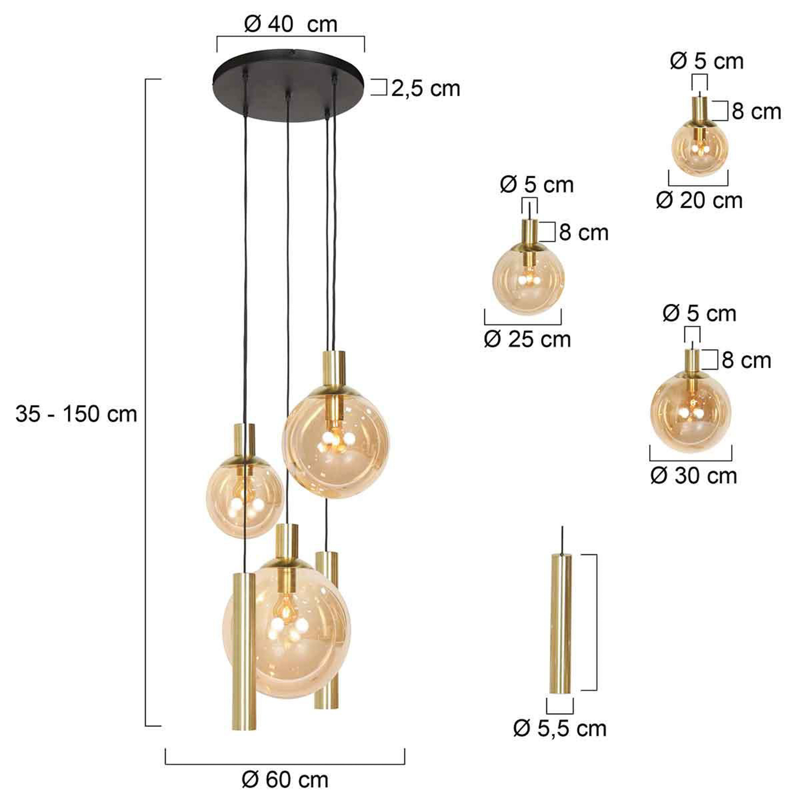 Bollique hengelampe, 5 lyskilder, rund, messing, GU10 + E27