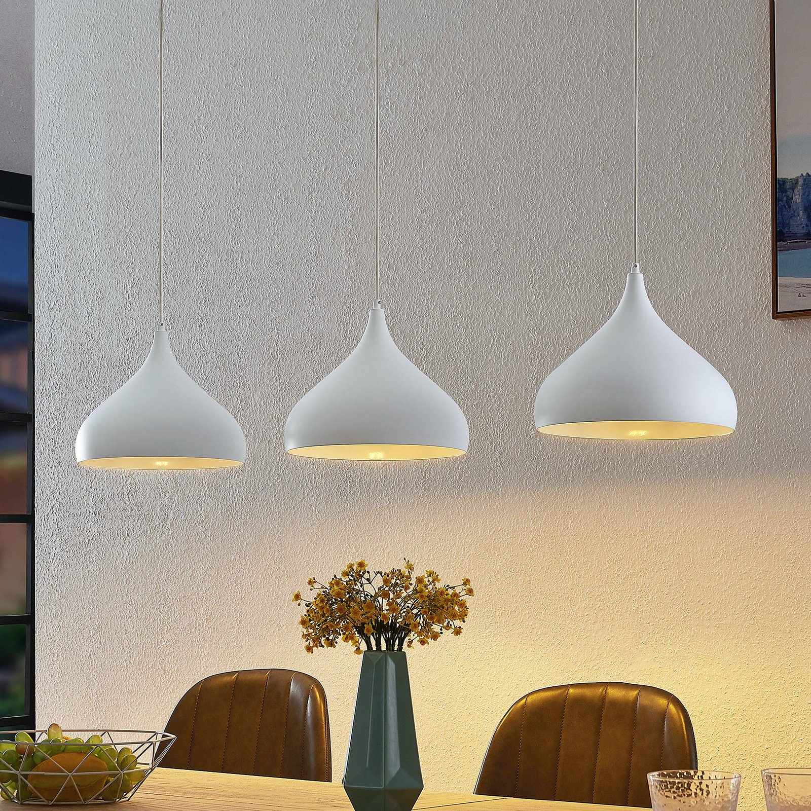 Lindby pendant light Elamira, white, aluminium, 133 cm, 3-bulb.