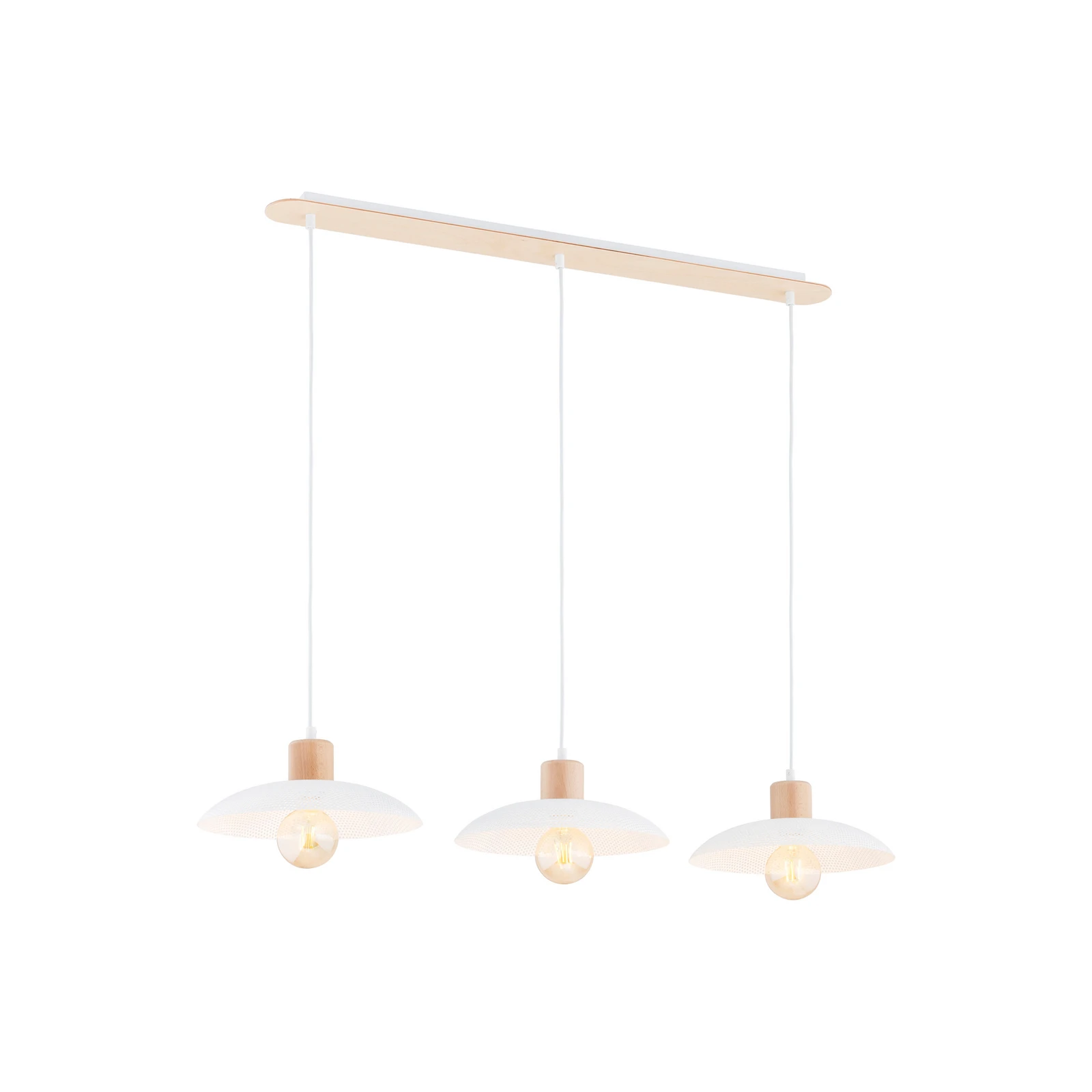 Candeeiro suspenso Kobe, três luzes, aço, madeira, branco