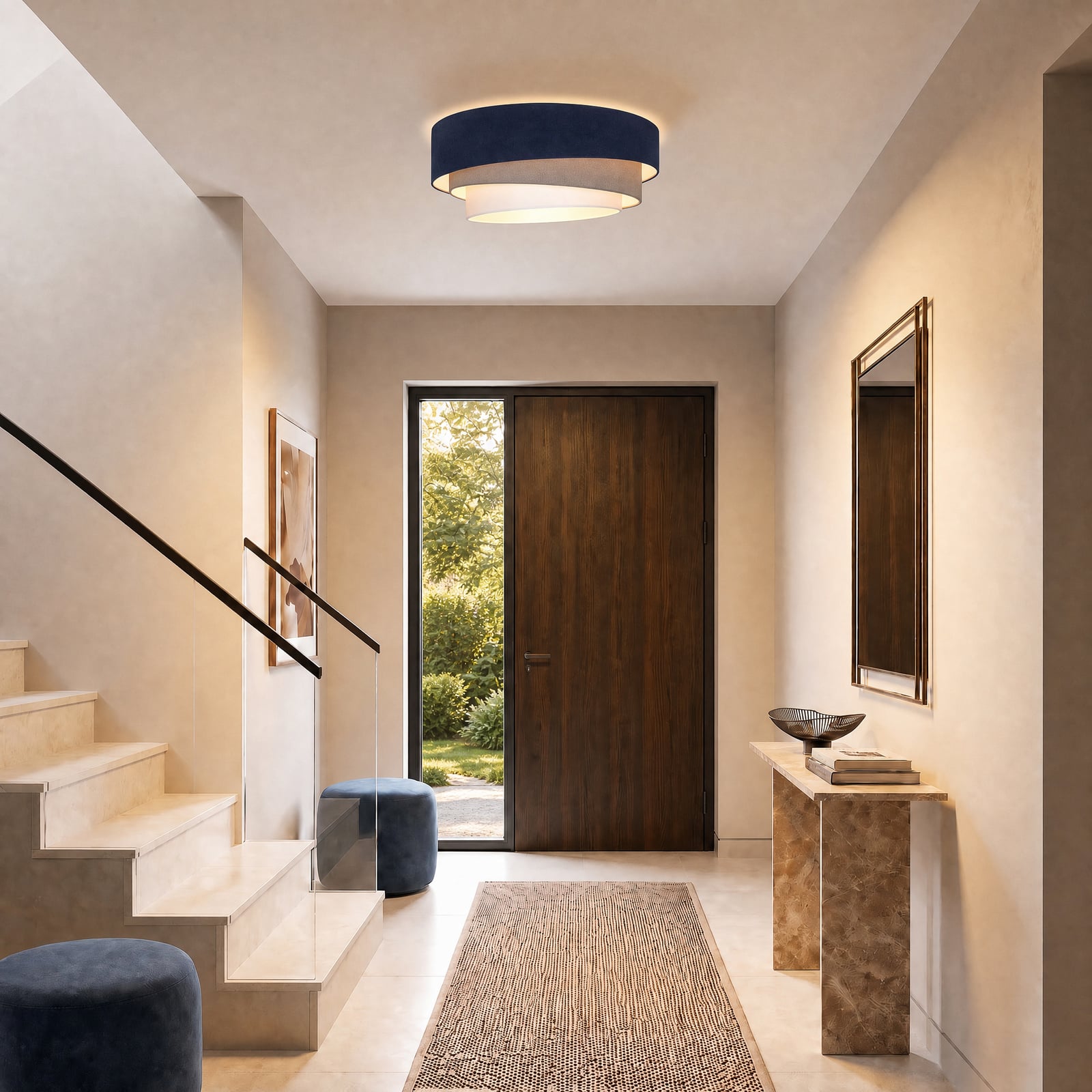 Trio ceiling lamp, dark blue/beige, Ø60cm, fabric, E27 - Duolla
