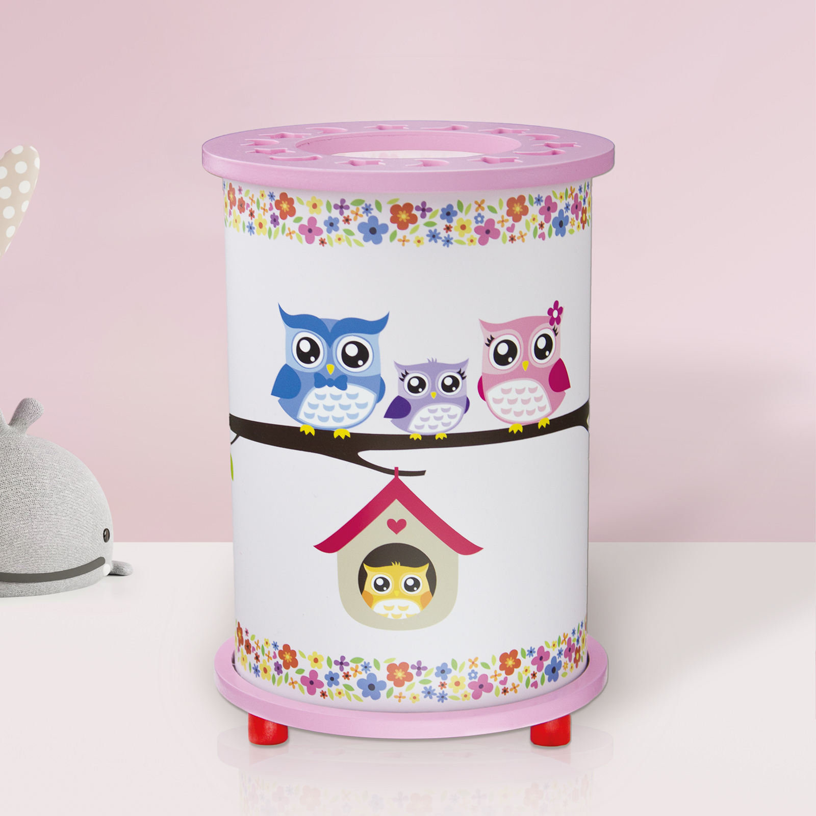 Elobra Owl table lamp for a child’s room, white and pink, for Children's Room, wood, plastic, E14, 40 W, energy efficiency: A++, H: 25 cm