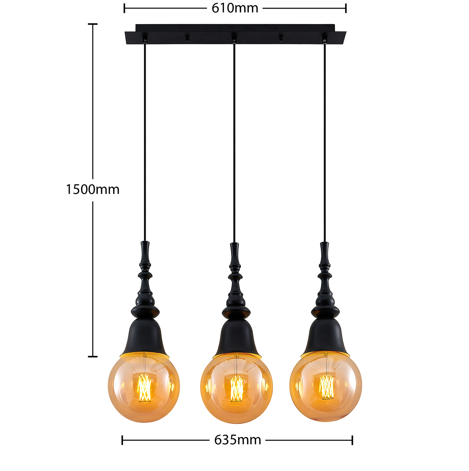 Lucande Gesja hanglamp, 3-lamps, lang, zwart