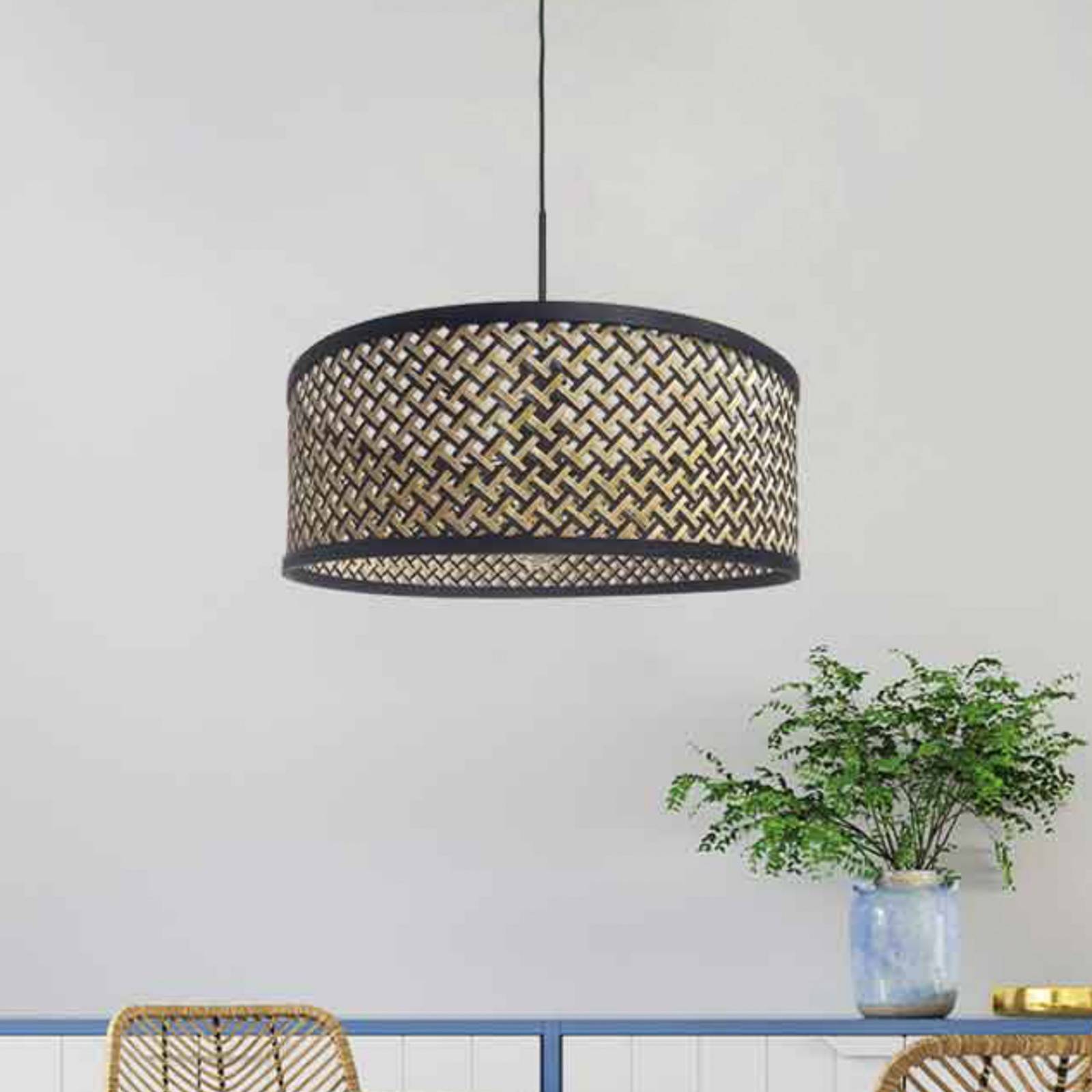 Steinhauer Suspension Sparkled Light, abat-jour tressé noir/bois