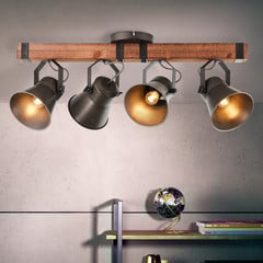 Downlight Decca, longitud 78 cm, negro/madera, 4 luces.