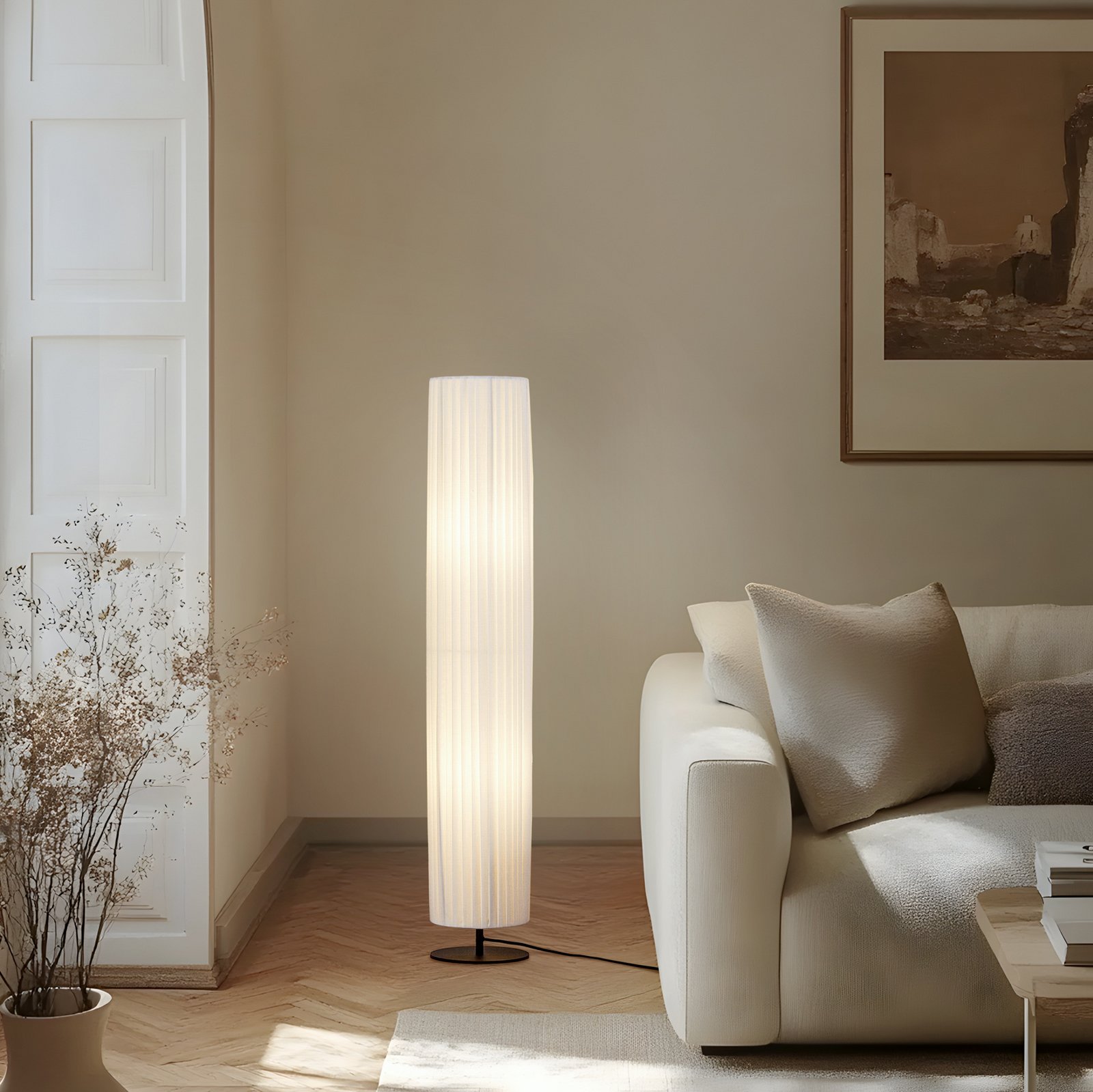 Virelle vloerlamp, wit, textiel, hoogte 117 cm, E27 - Lindby