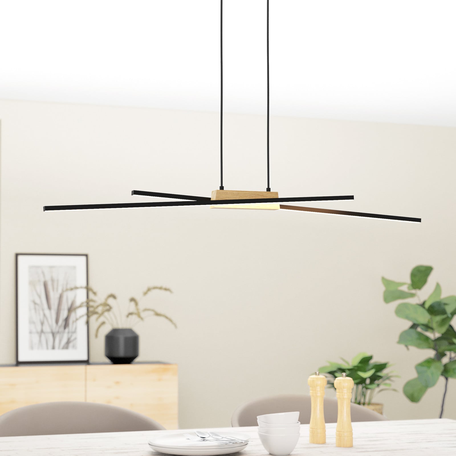 Panagria LED suspendat negru cu detaliu din lemn