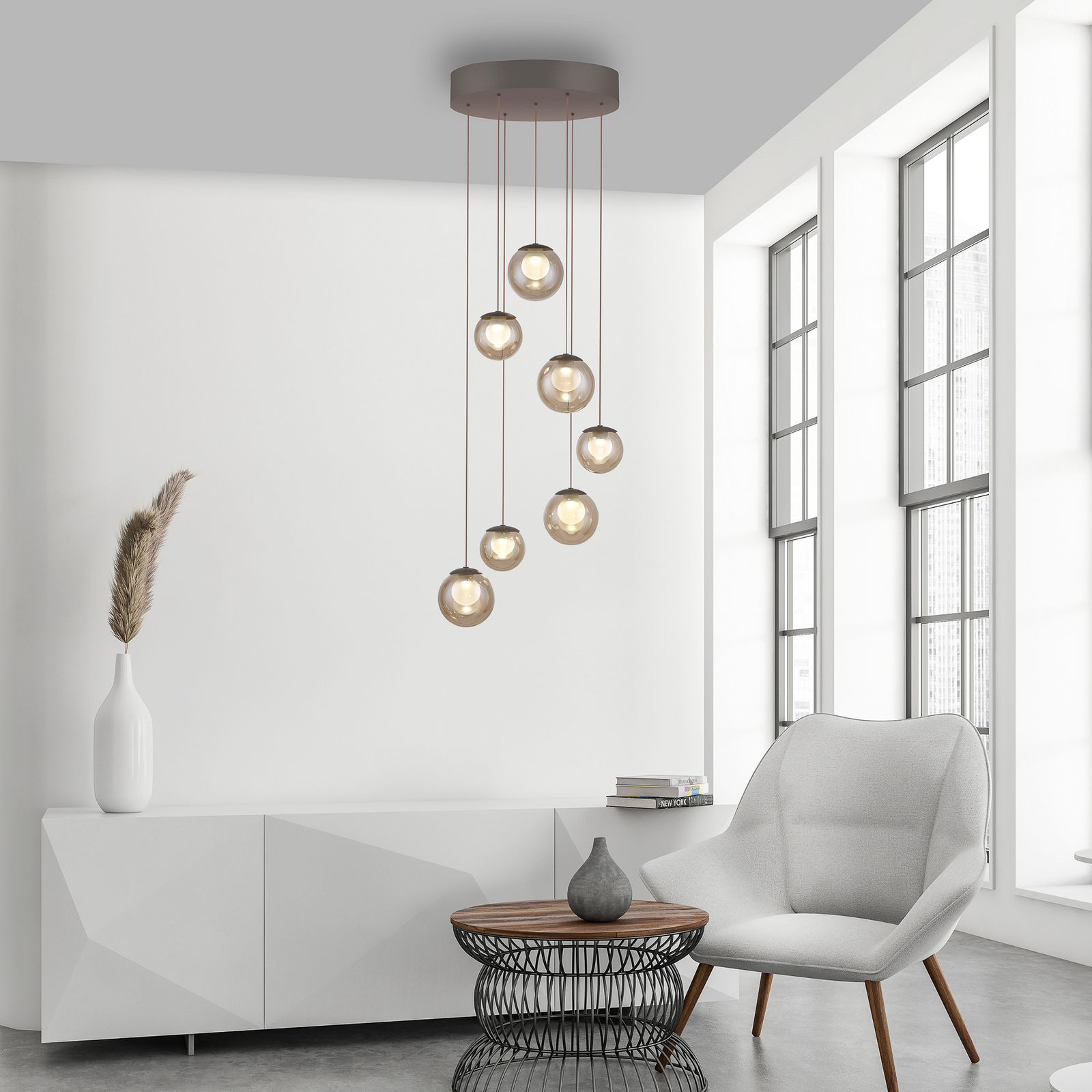 PURE LED-Hängelampe Popup, bronze/amber Ø 40 cm, 7-flg.