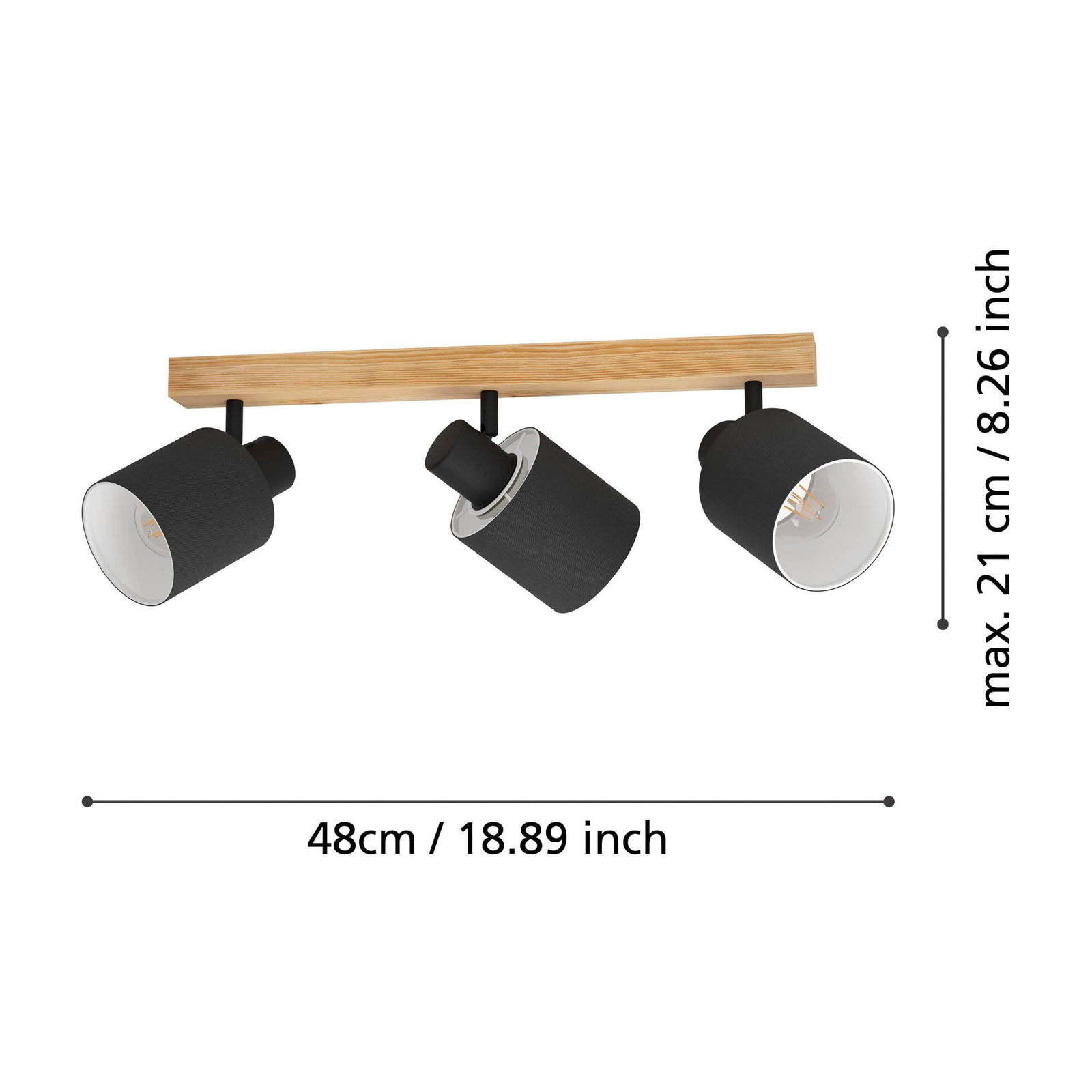 Batallas downlight de techo, longitud 48 cm, negro/madera, 3 luces.