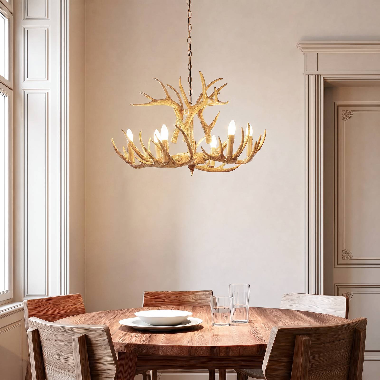 Lampa wisząca Lindby Fibi, brązowa, poroże, 6-punktowa E14