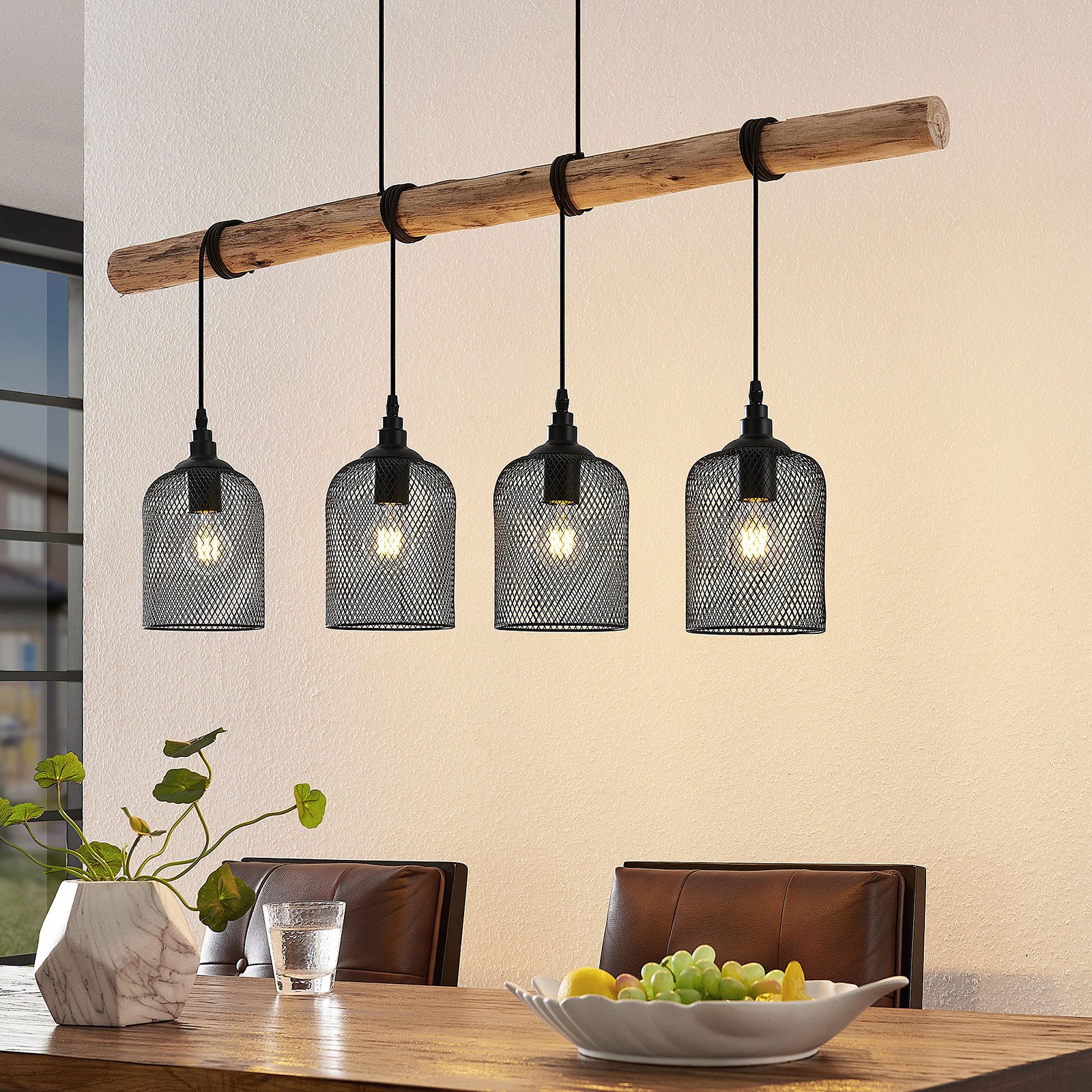 Lindby Elrond hanging light with wood, four-bulb