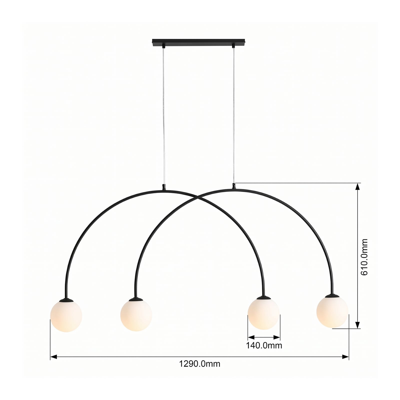 Candeeiro suspenso Alison, preto/branco, 4 lâmpadas, arco, 129 cm