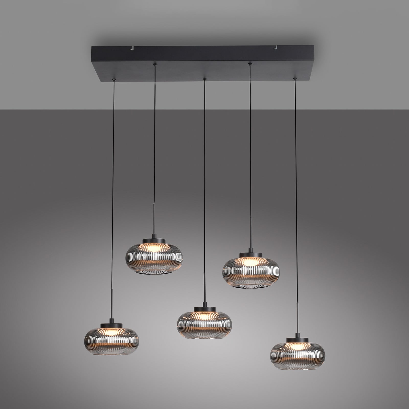 Lámpara colgante LED Noctis, 5 luces, gris ahumado, cristal, atenuable, 3.000 K