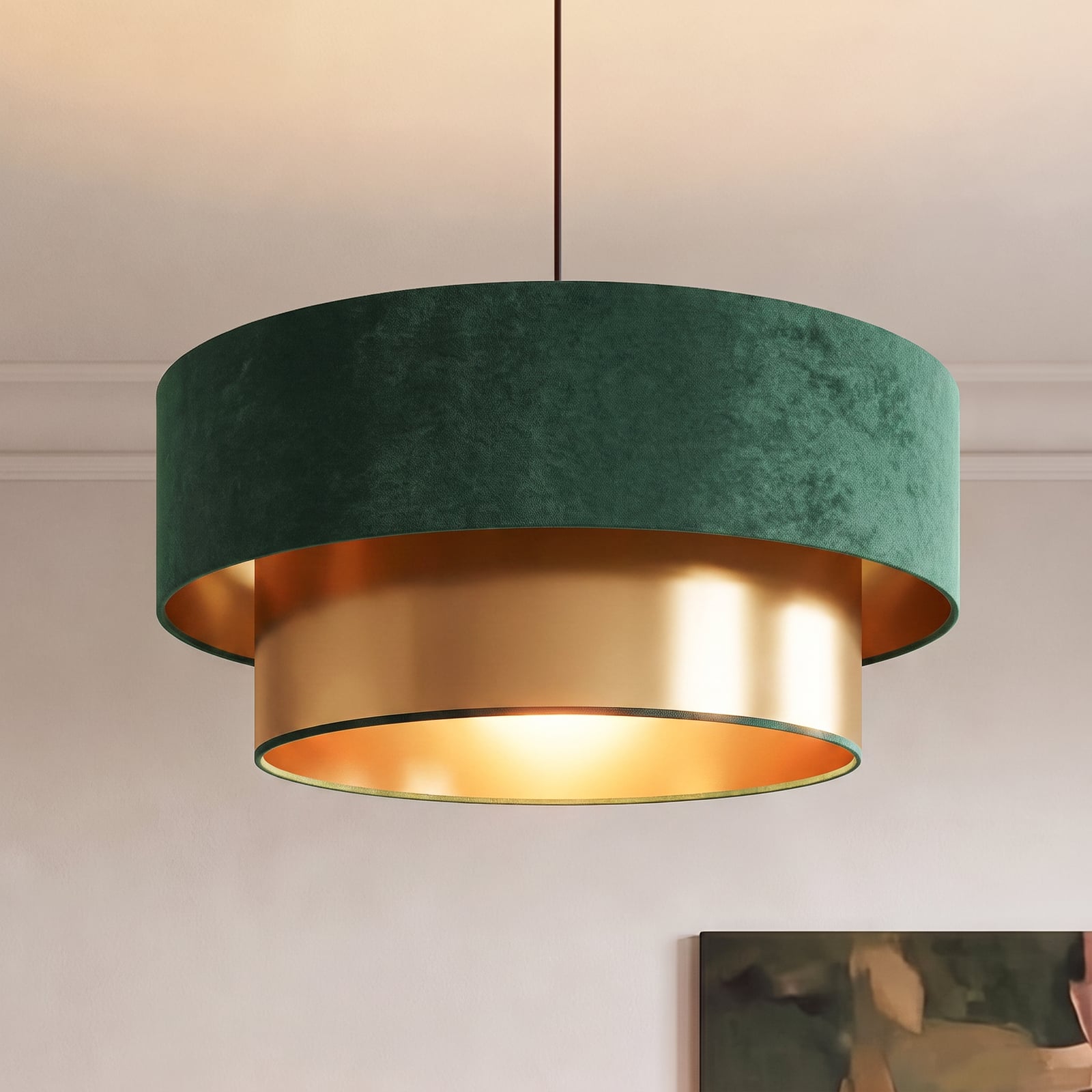 Závěsné světlo Dorina, zelená/zlatá, Ø 45 cm, textil, E27