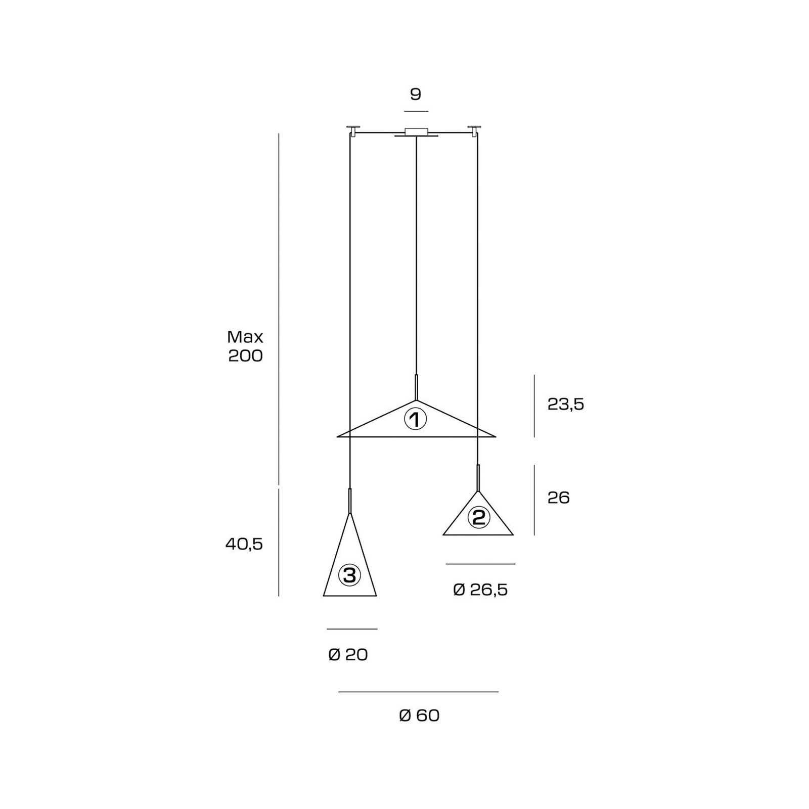 Samoi hanglamp, 3-lamps, metaal, zwart, gedecentraliseerd