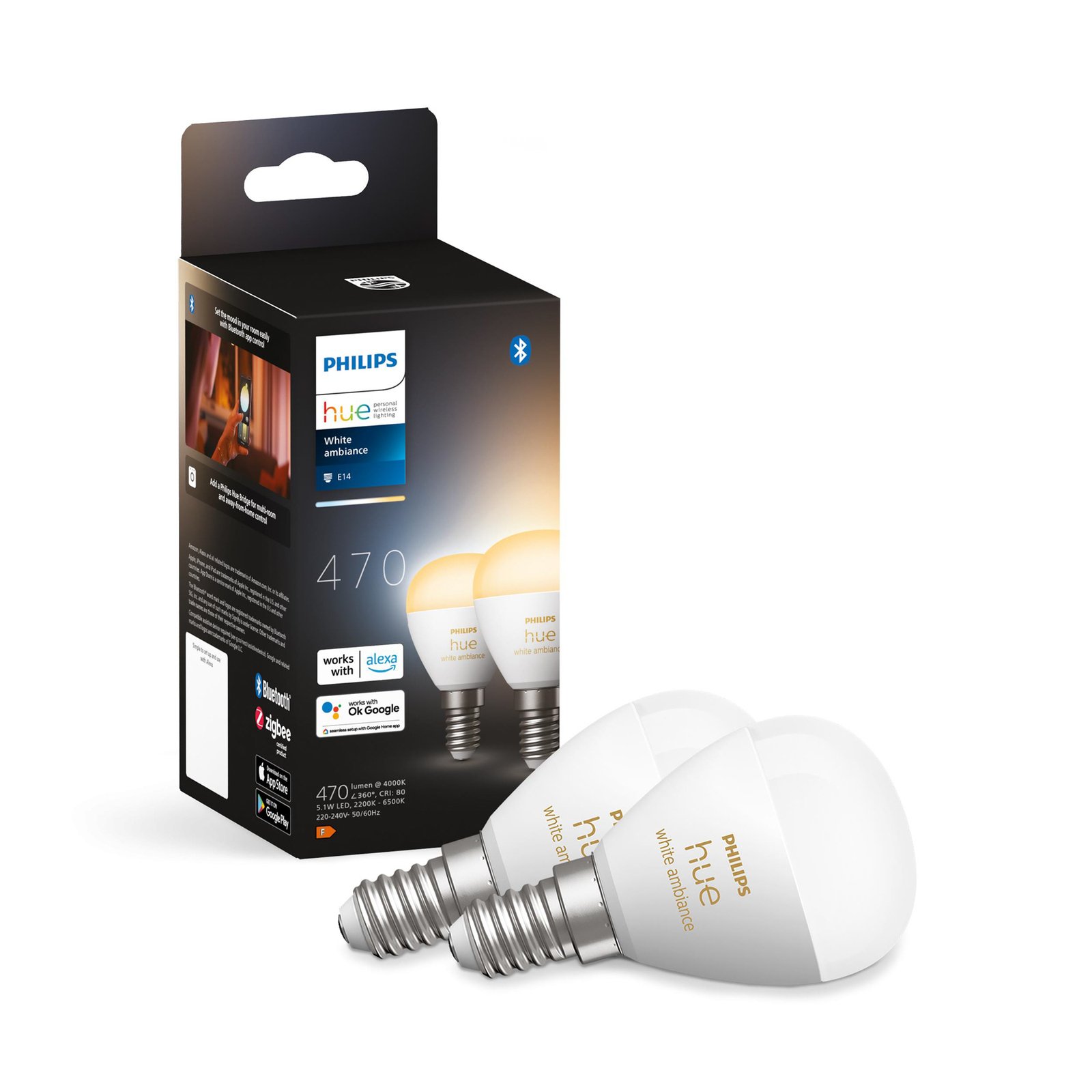 Pære Philips Hue White&Amb. 5,1W Luster Tropfen 2 pack. E14 - Philips Hue