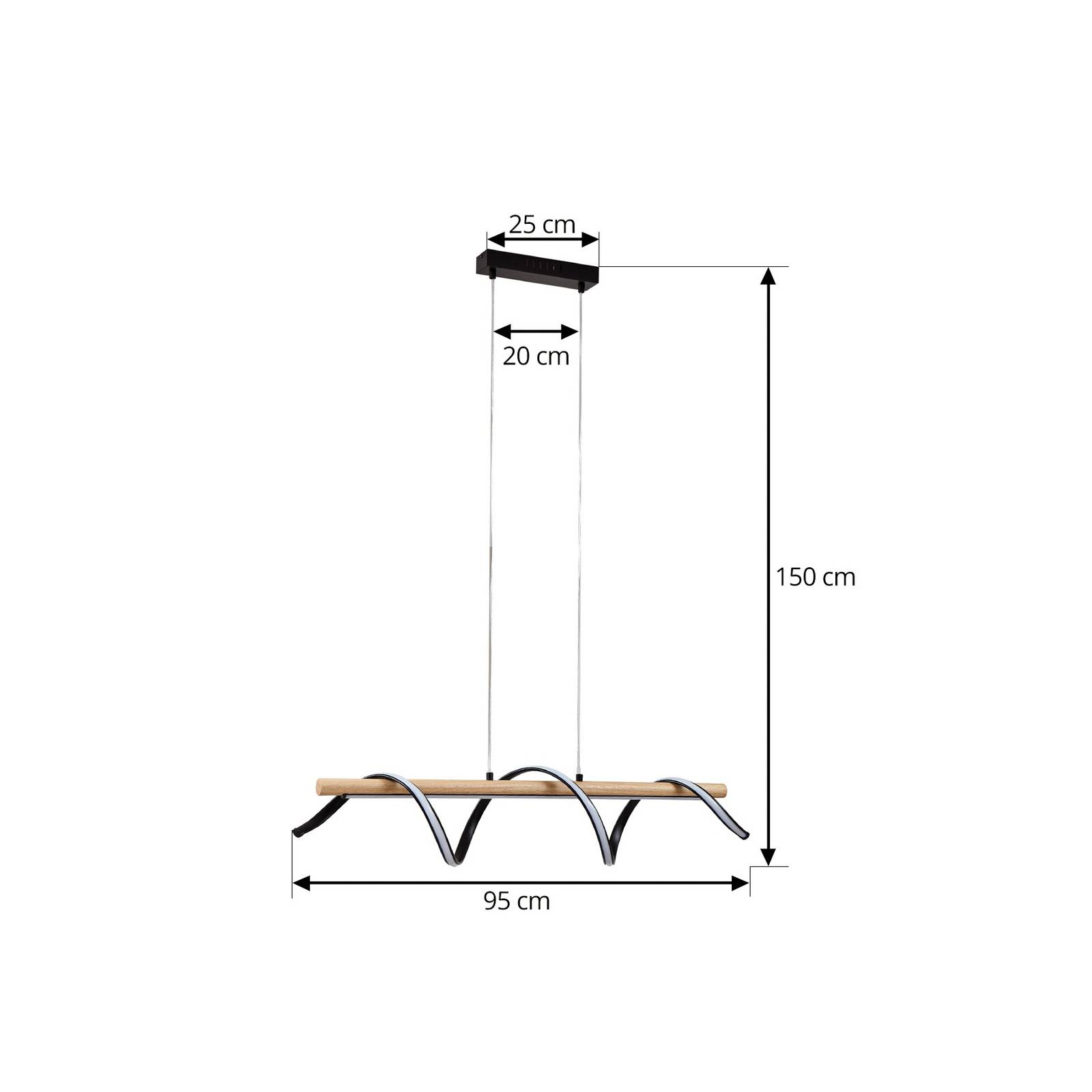 Lampa wisząca LED Lindby Spiraali, czarna, drewno, długość 95 cm