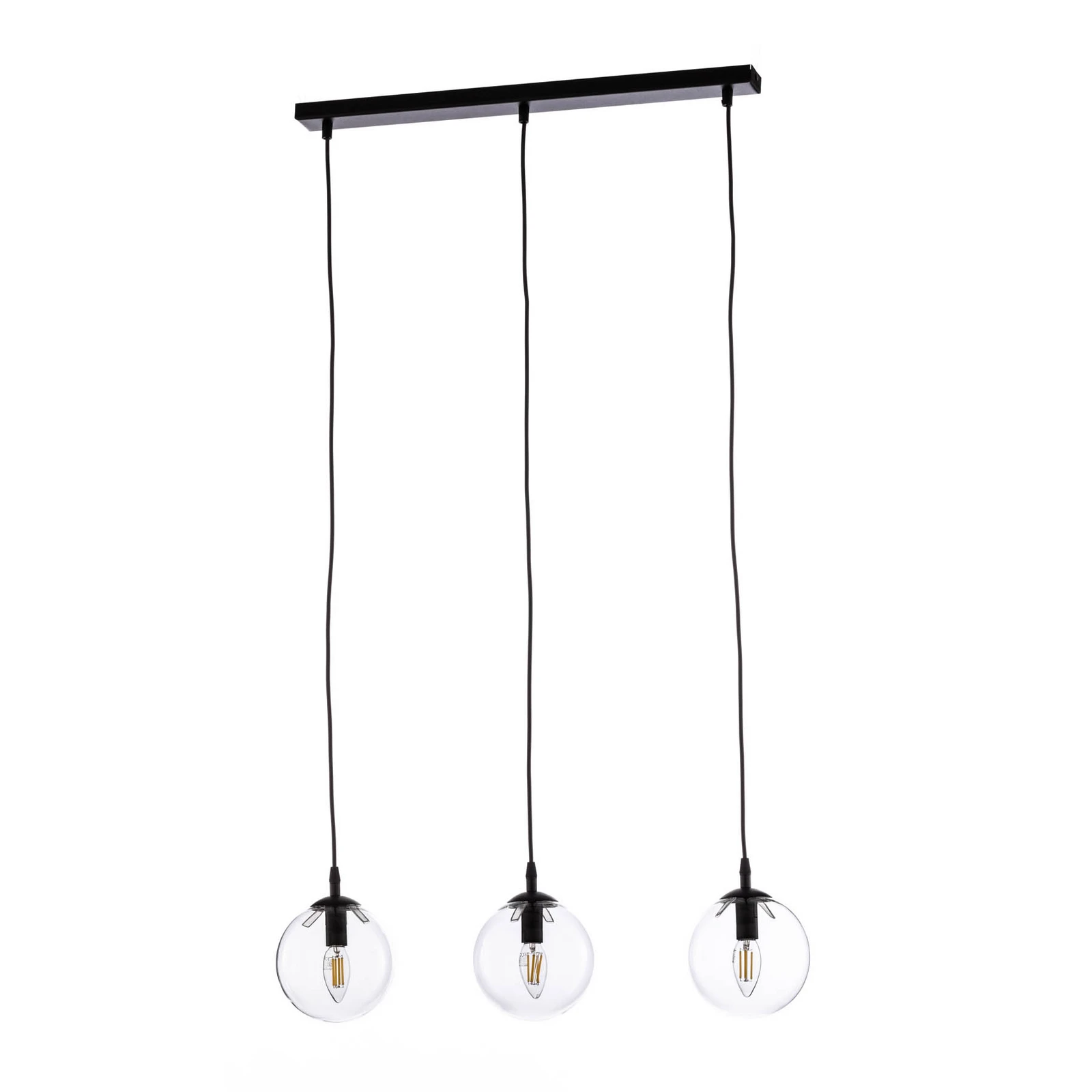 Glassy pendant light, 3-bulb, straight, black, clear, glass