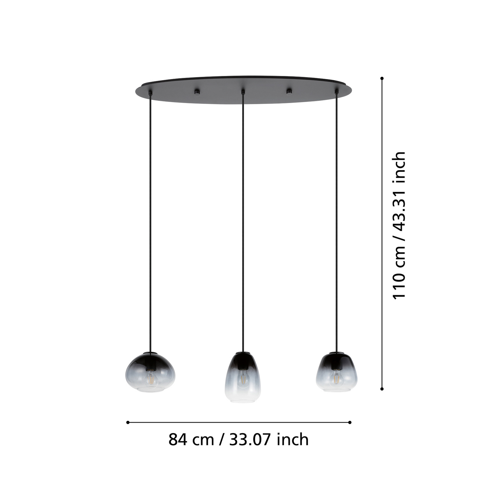 Aguilares hengelampe, røkt glass, 3-lys, lineær