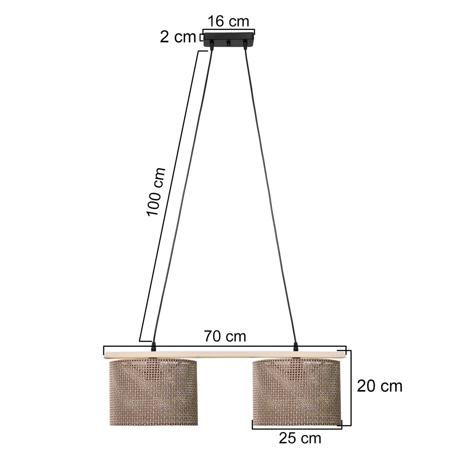 Candeeiro suspenso Zigana, padrão castanho, 2 lâmpadas, tecido, madeira Candeeiro suspenso Zigana, padrão castanho, 2 lâmpadas, tecido, madeira
