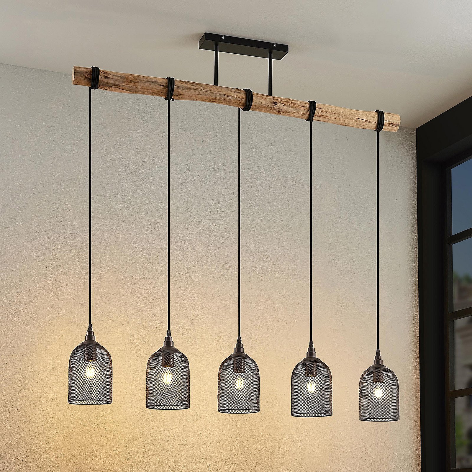 Lindby Dolcin lampă cu abajururi plasă 5 becuri - Camera de zi / sufragerie - Vintage - lemn natural negru