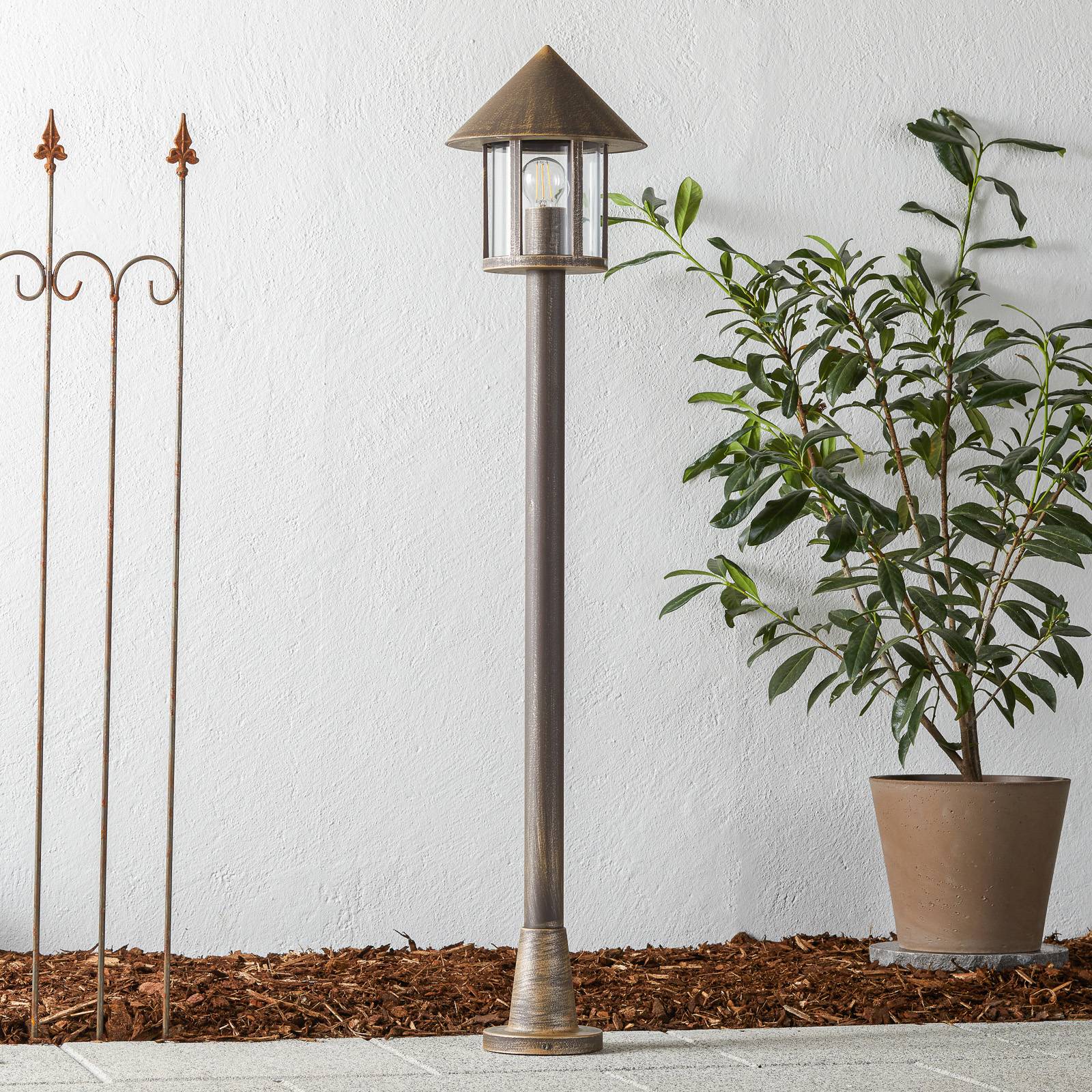 Albert Leuchten Antique path light Lampione, brown-brass, aluminium, acrylic glass, E27, 75 W, energy efficiency: A++, H: 125 cm