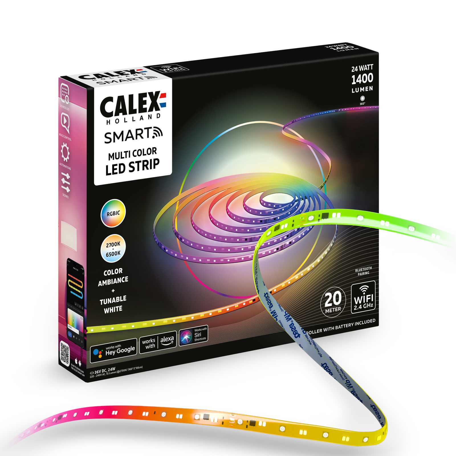 Bandă LED Calex Smart, lungime 20 m, RGB, telecomandă CCT
