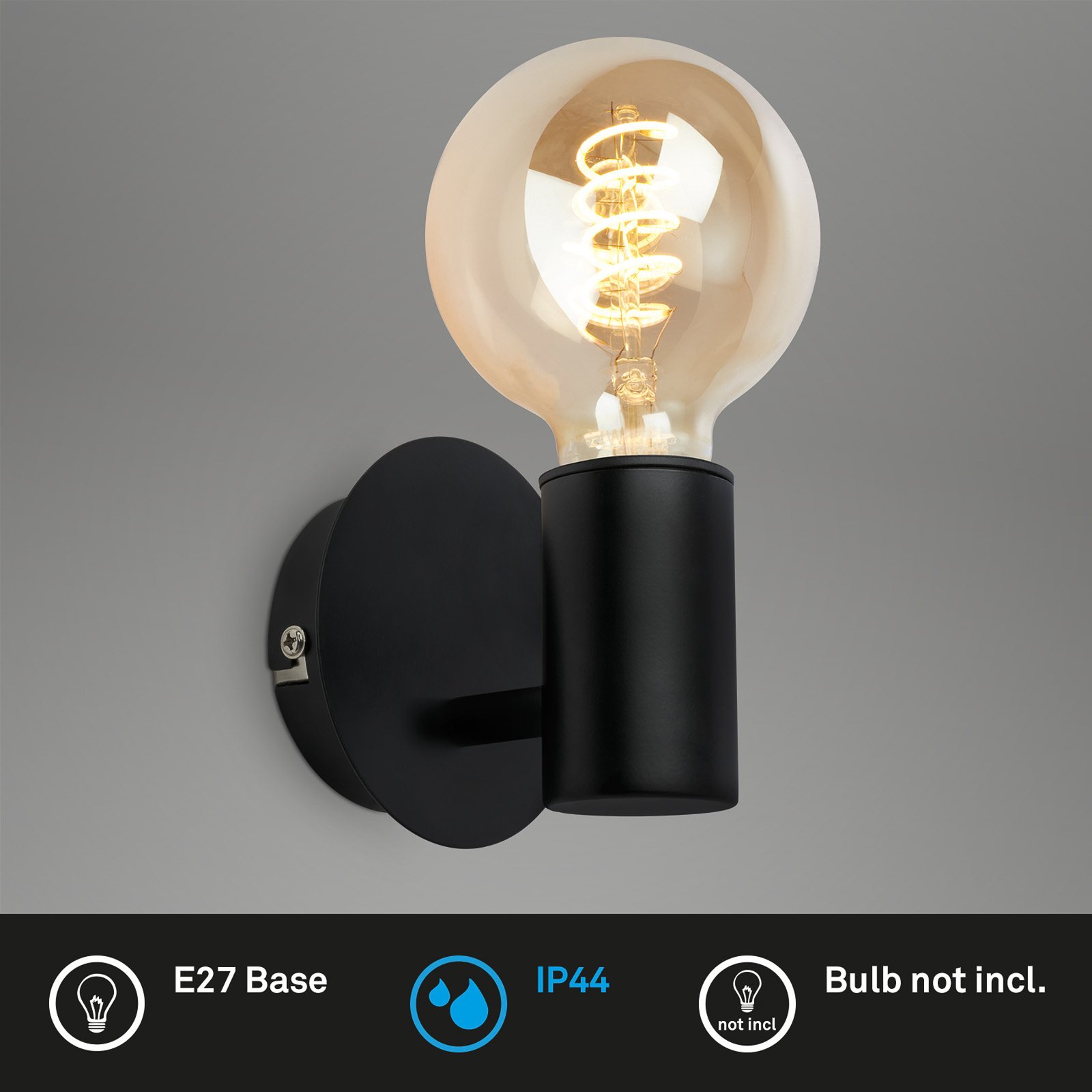 Kosol wandlamp voor badkamer, IP44, E27, zwart