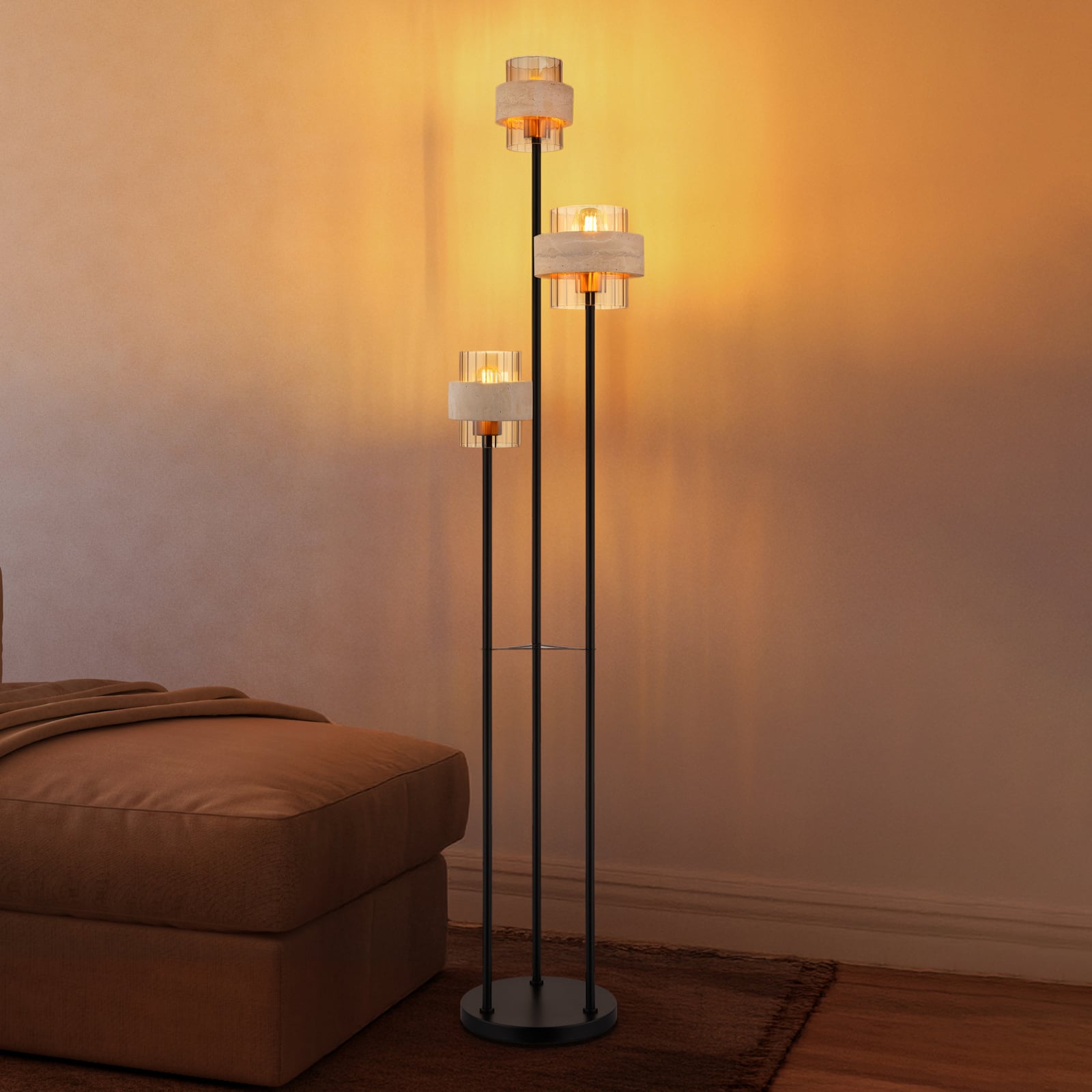 Golvlampa Daren, beige/bärnstensfärgad/svart, 167 cm, 3 lampor, E27