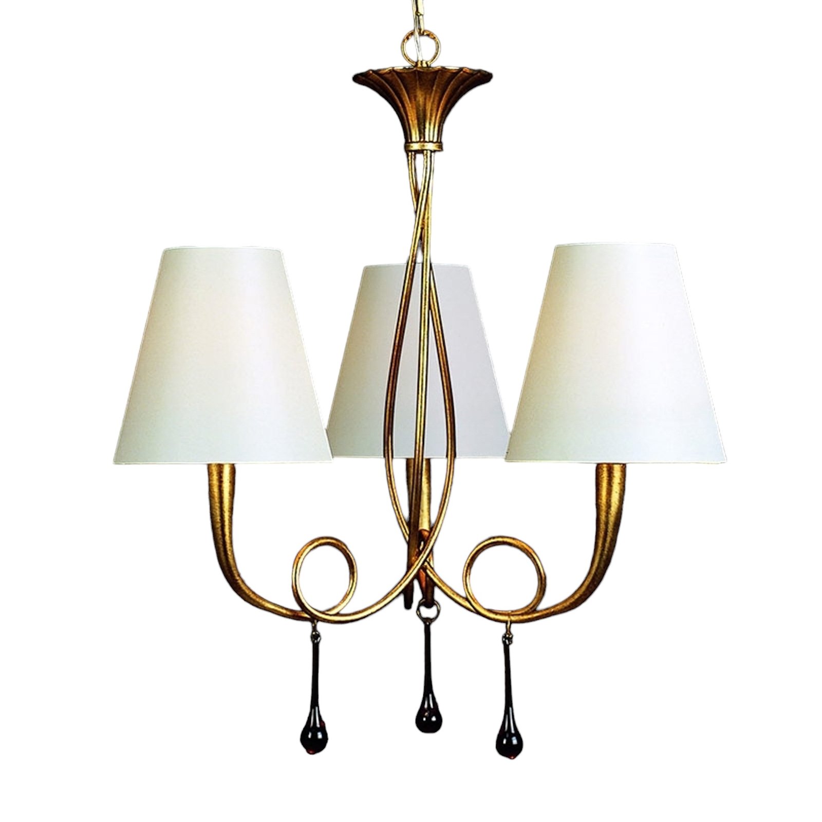 Paola 3-lamps gouden hanglamp met textielen kappen