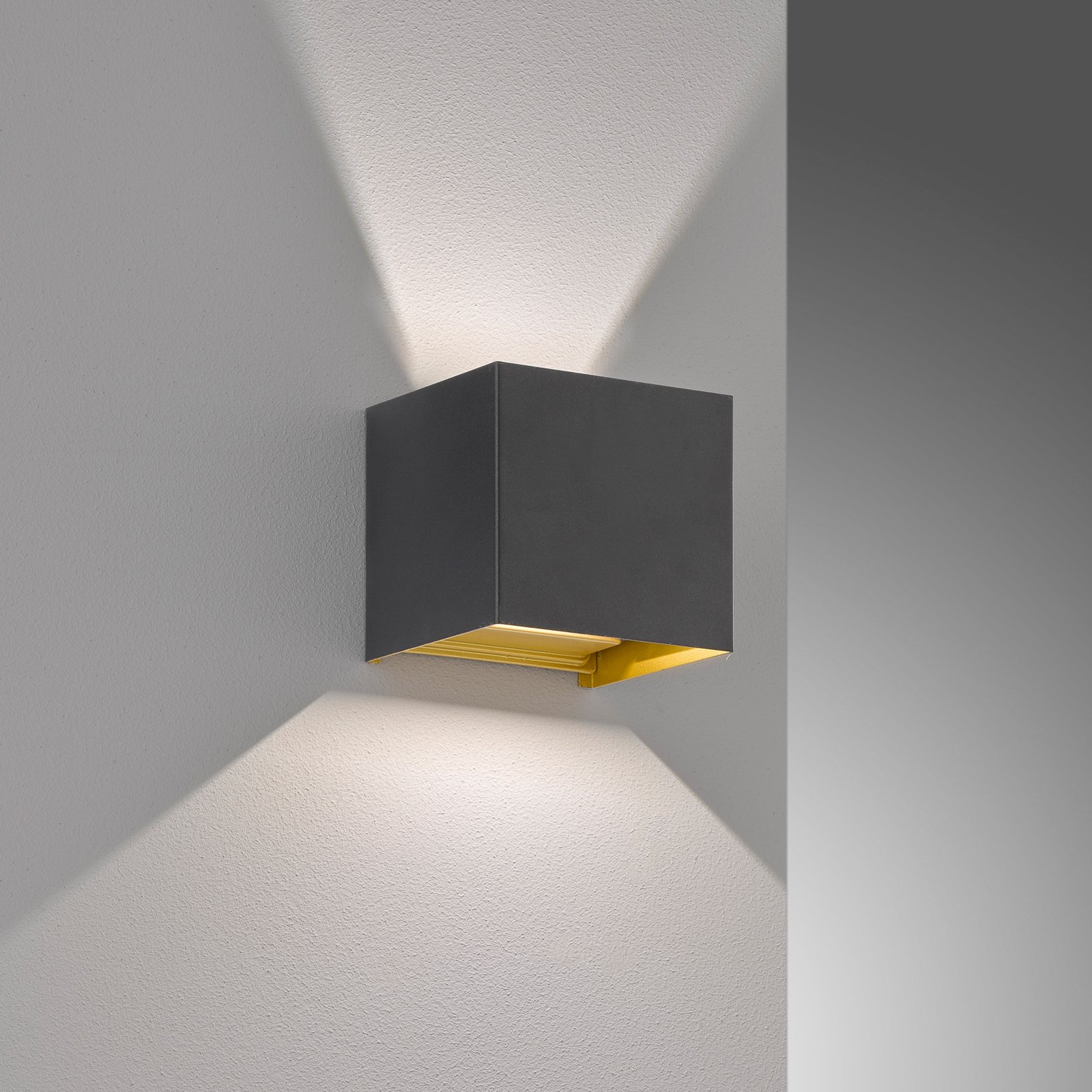Thore LED outdoor wall light, black/gold-coloured, width 11 cm