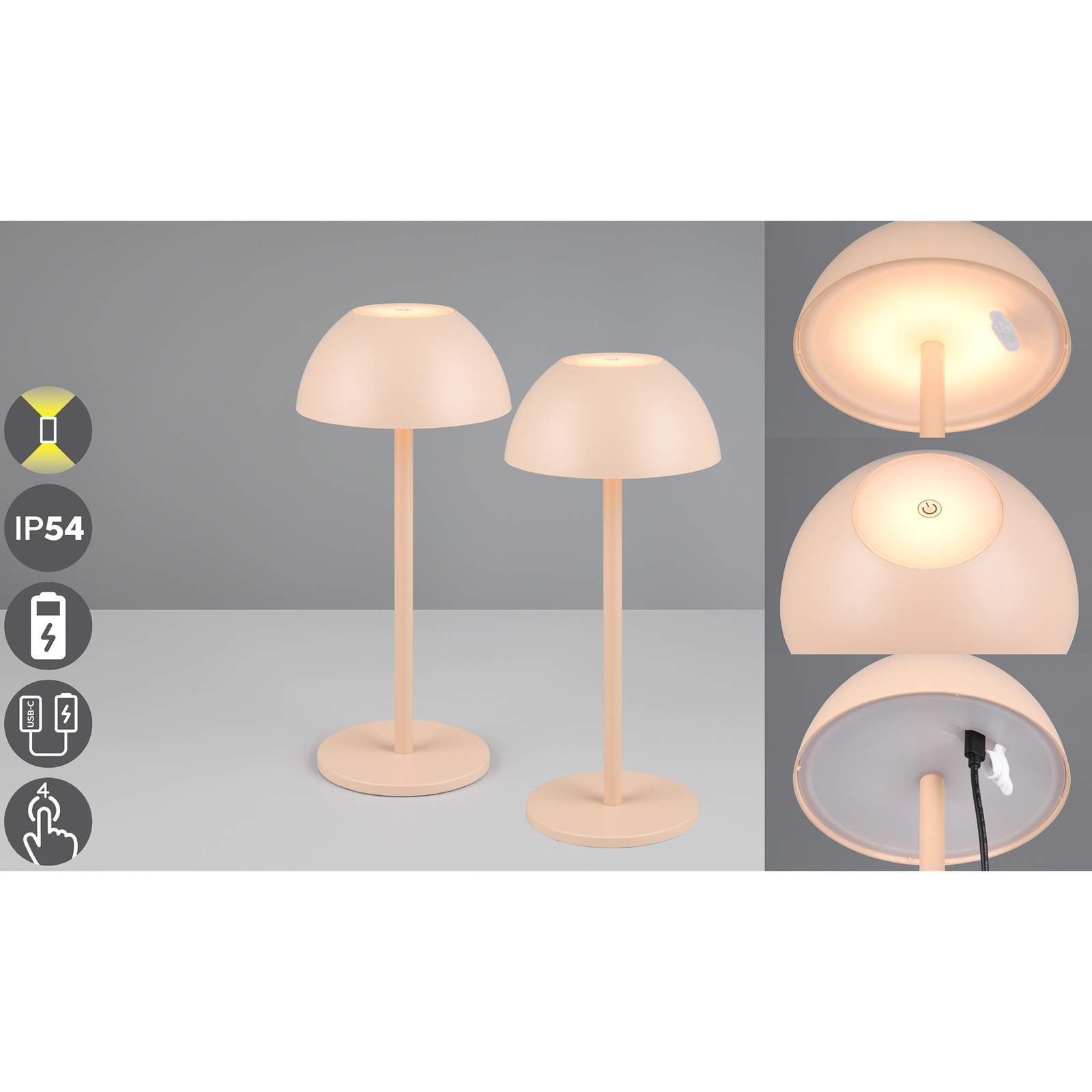Ricardo lámpara de mesa LED recargable, arena, altura 30 cm, plástico