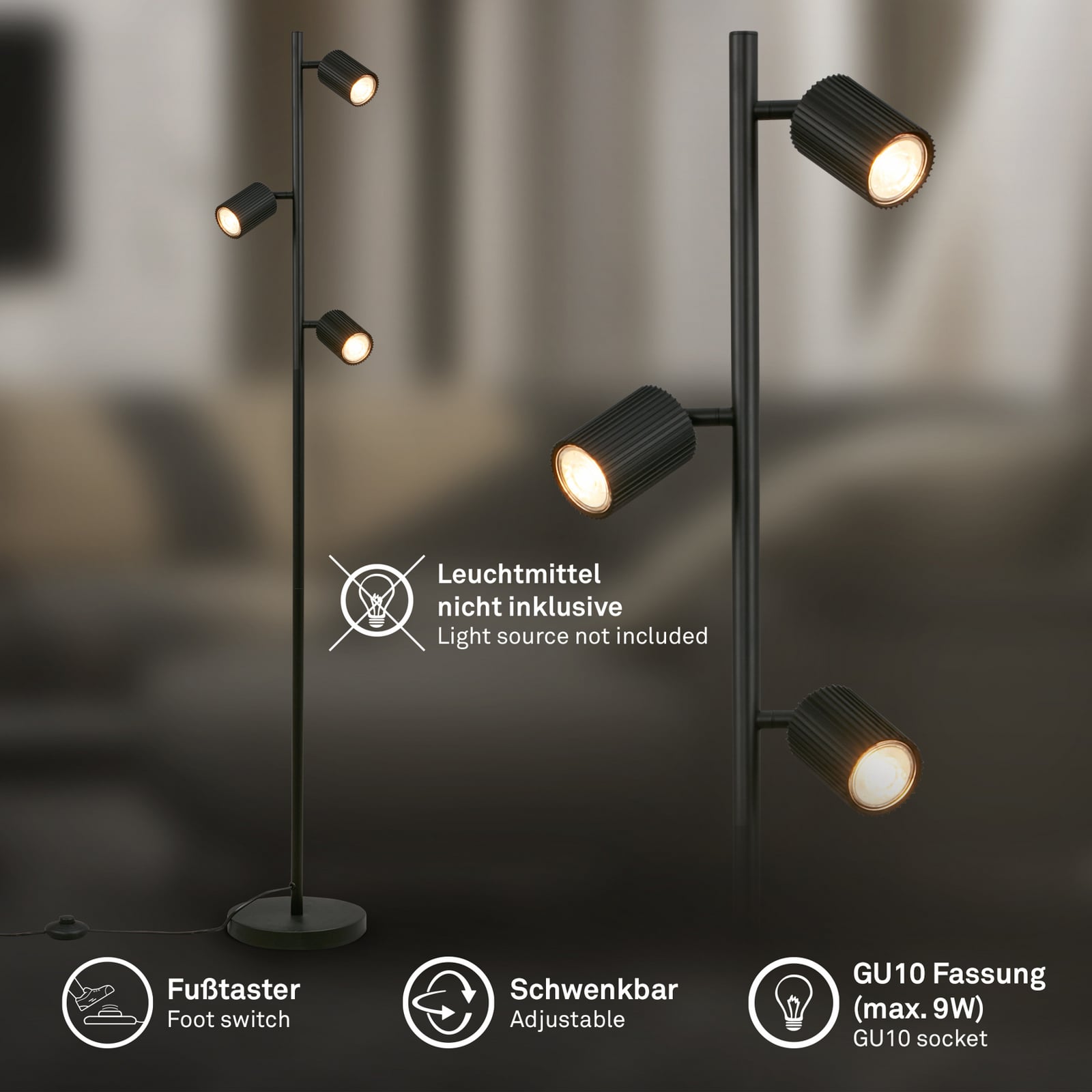 Lámpara de pie Ida, negra, 3 luces, altura 141 cm, GU10 Lámpara de pie Ida, negra, 3 luces, altura 141 cm, GU10