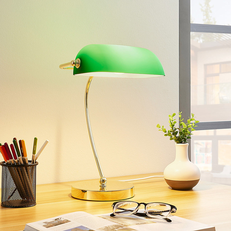 Mässingsfärgad bordslampa Selea, glasskärm grön