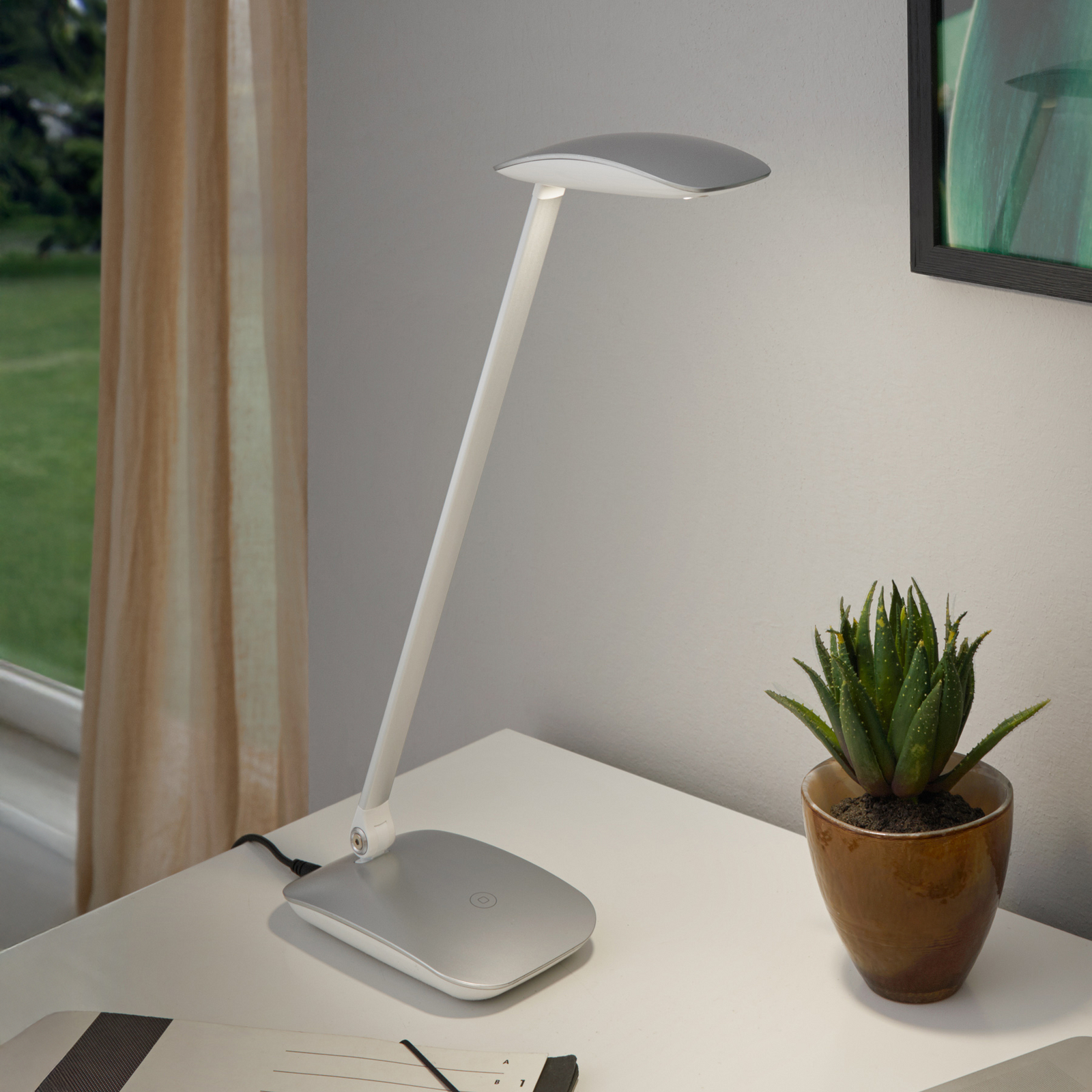 Silver Cajero LED desk lamp with dimmer