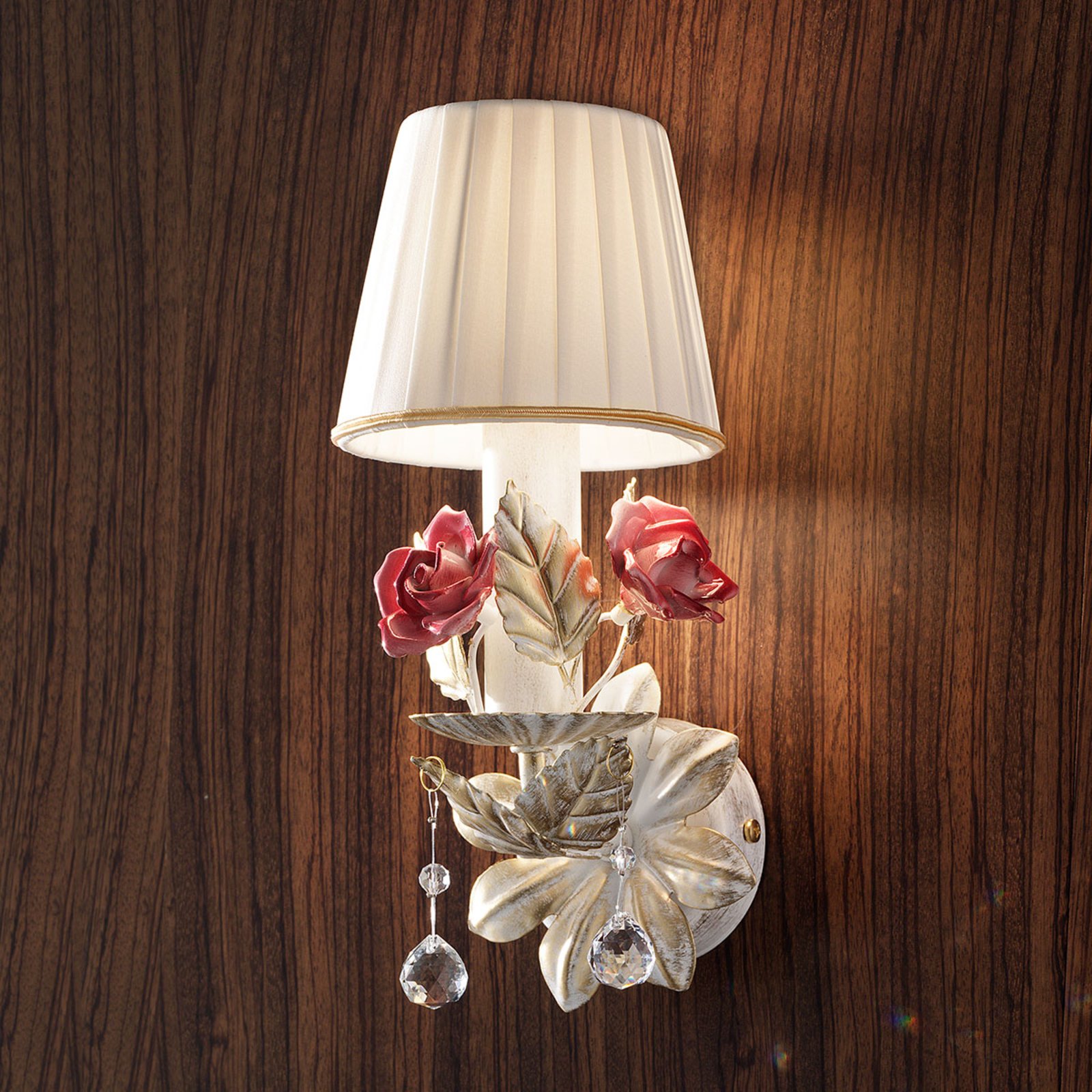 Masiero Fiore single bulb wall light, for Living / Dining Room, metal, crystal, ceramics, fabric, E14, 40 W, energy efficiency: A++, W: 15 cm, H: 30 cm